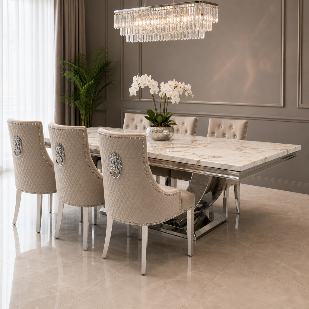 Ariel White & Gold Marble Dining Table Set | Majestic Mink Velvet Lion Knocker Chairs | 4 to 10 Seater | 3 Size Options