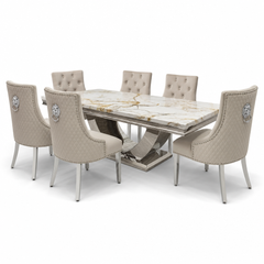 Ariel White & Gold Marble Dining Table Set | Majestic Mink Velvet Lion Knocker Chairs | 4 to 10 Seater | 3 Size Options