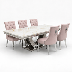Ariel White & Gold Marble Dining Table Set | Majestic Pink Velvet Lion Knocker Chairs | 4 to 10 Seater | 3 Size Options