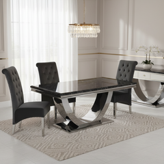 Ariel Luxury Marble Dining Table with High Back Velvet Lion Knocker Chairs | Chrome Legs | GalaxiMart