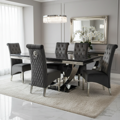 Ariel Luxury Marble Dining Table with High Back Velvet Lion Knocker Chairs | Chrome Legs | GalaxiMart