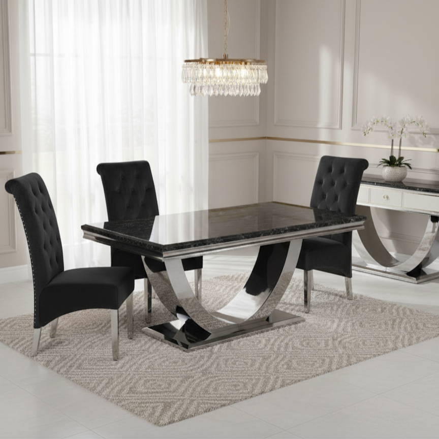 Arial 180cm Black Marble Dining Table with Lucy Black Lion Slim Knocker Plush Velvet Chairs