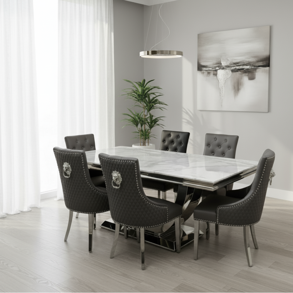 Ariel White Marble Dining Set with PU Leather Lion Knocker Chairs | Galaxy Mart
