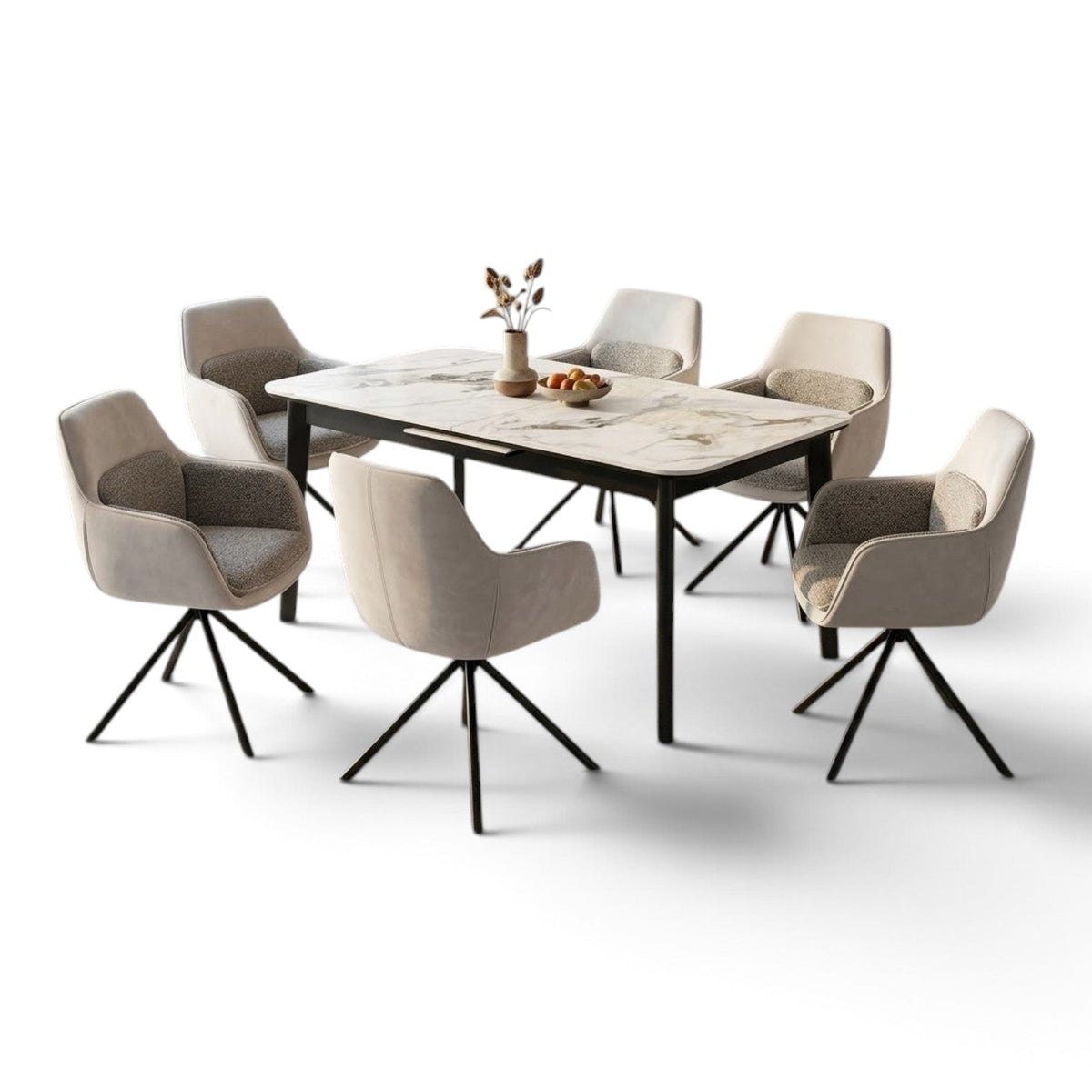 Arizona Extending Cream Gold Ceramic Dining Table 130cm to 160cm & Florence Beige Swivel Chairs