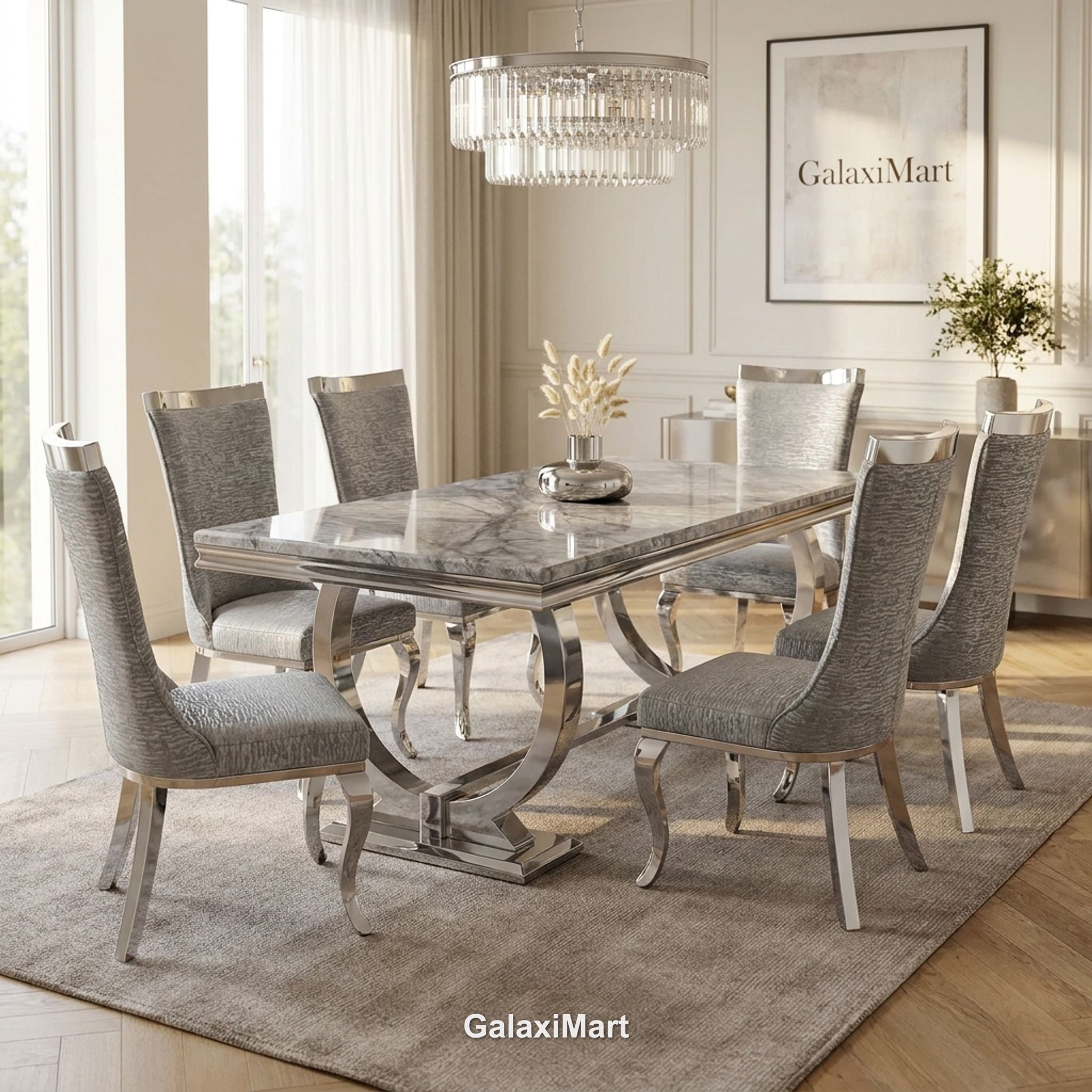 Ariana 180cm Grey Marble Dining Set — Silver Miami Chairs