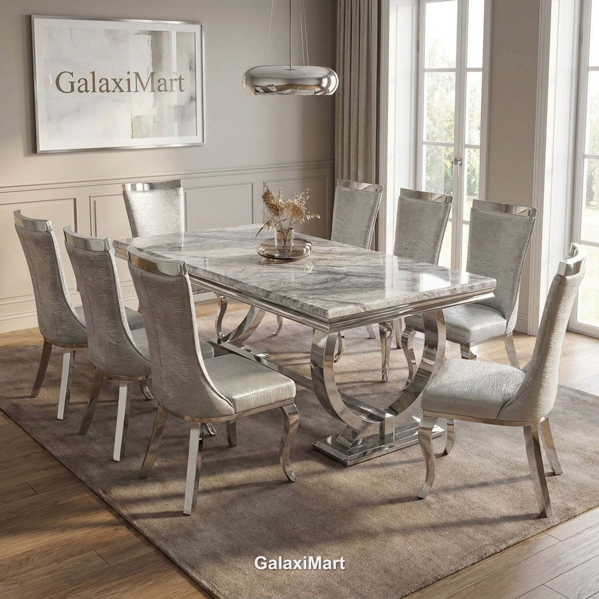 Ariana 180cm Grey Marble Dining Set — Silver Miami Chairs