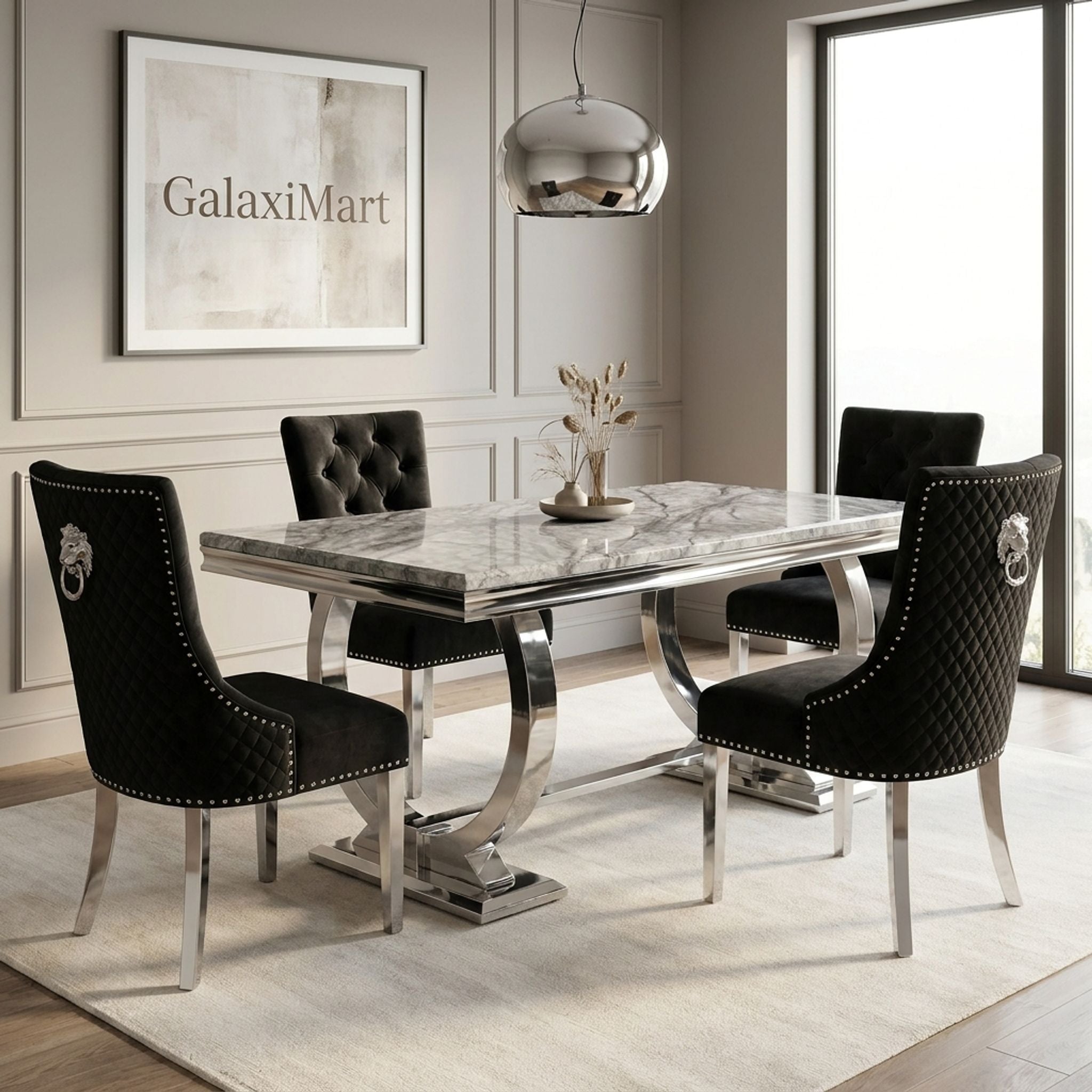 Ariana Grey 150cm Marble Dining Set — Valentino Velvet Chairs