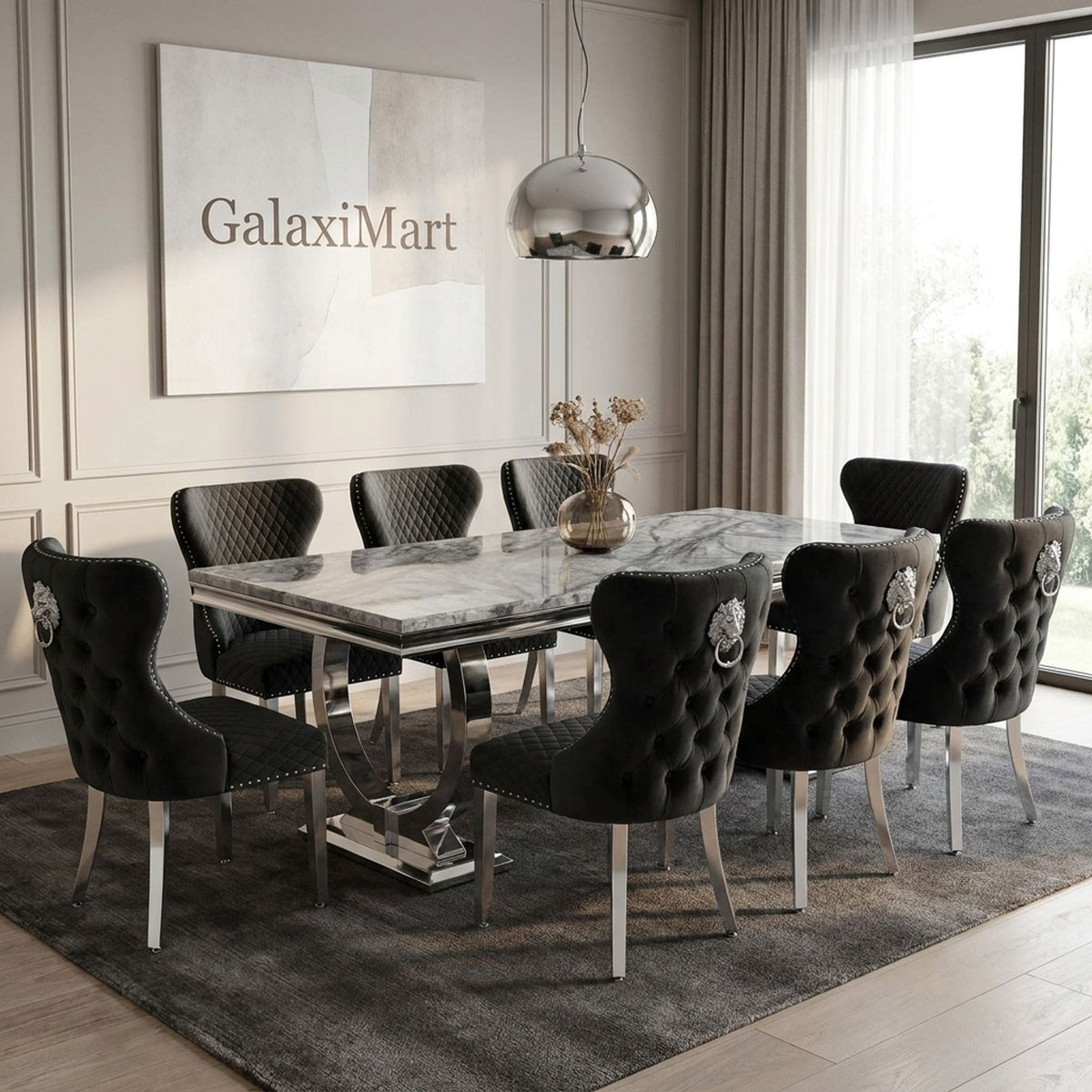 Ariana Grey 150cm Marble Dining Set — Valentino Velvet Chairs