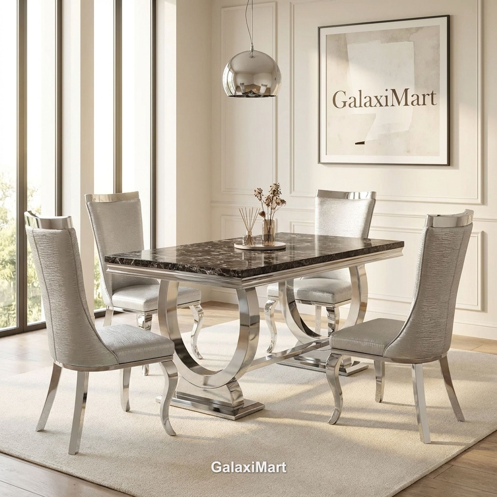 Ariana 200cm Black Marble Dining Set — Silver Miami Chairs