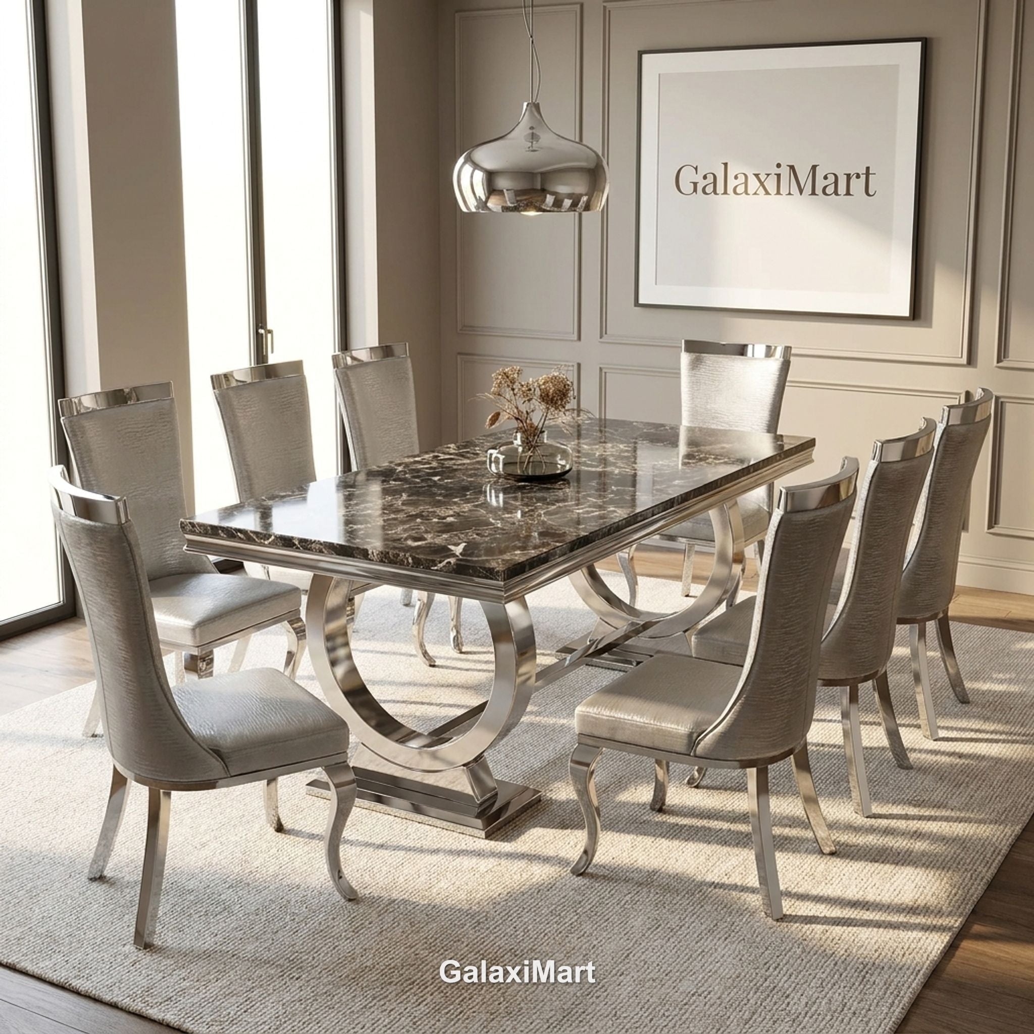 Ariana 150cm Black Marble Dining Set — Silver Miami Chairs