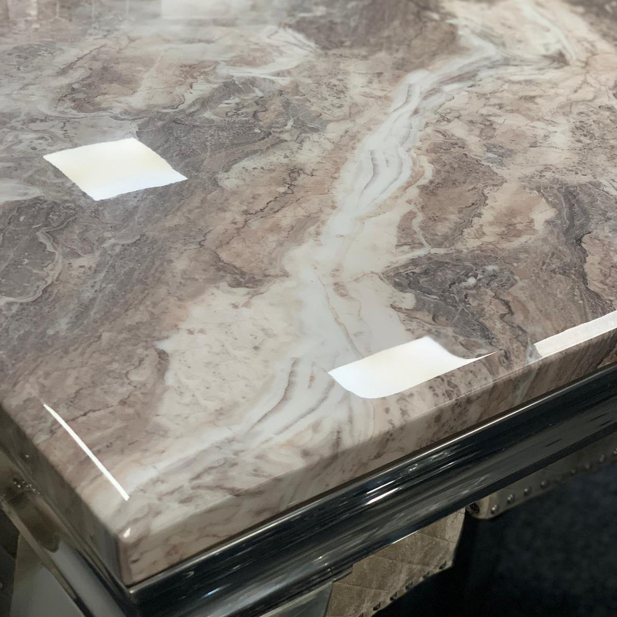 Ariana Grey Marble Dining Table & 4-8 Velvet Ribbed Back Dining Chairs – Premium Chrome Legs