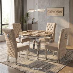 130cm Round Beige Dining Table Set with Mink Chairs