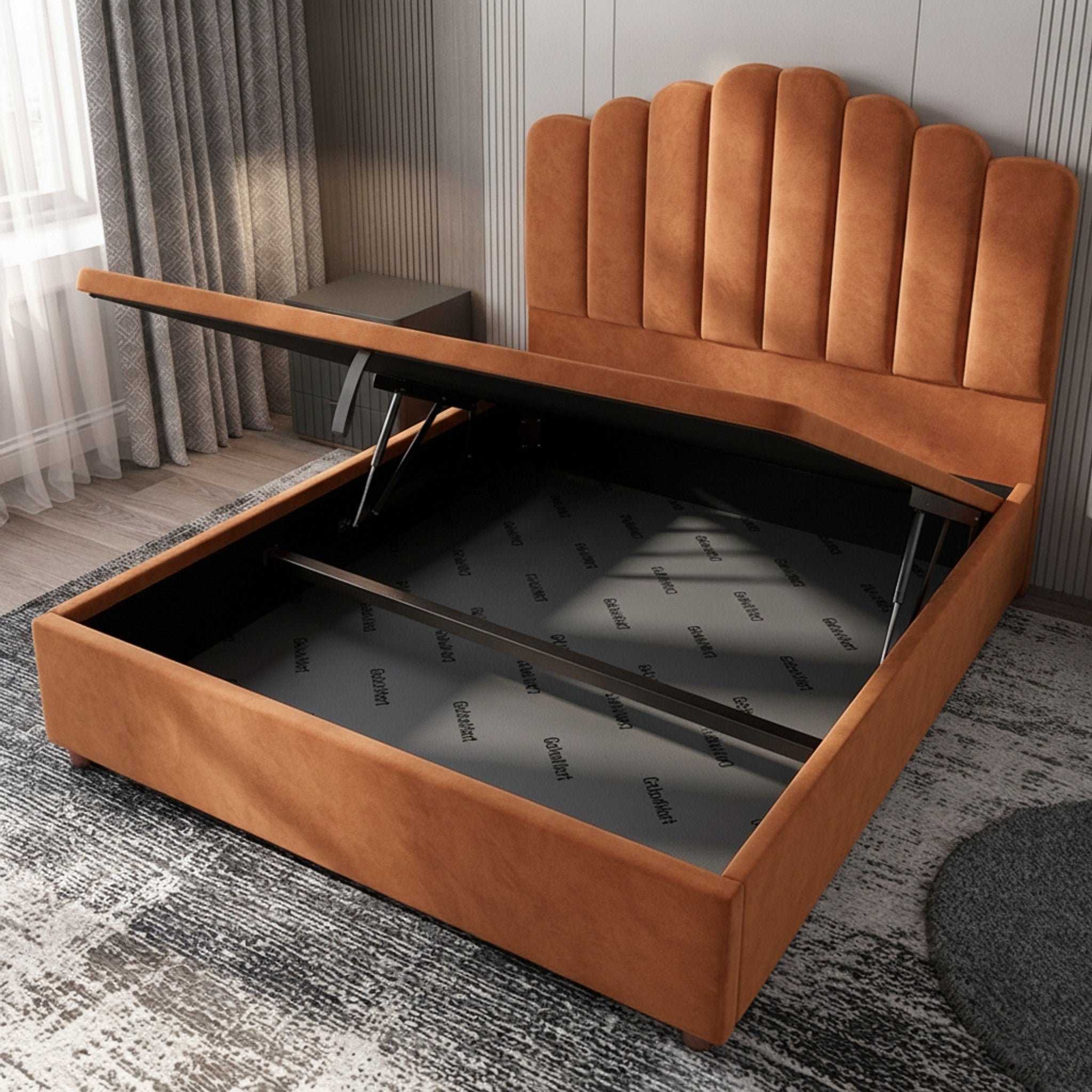 Burnt Orange Berkshire Ottoman Bed with Gas-Lift Storage