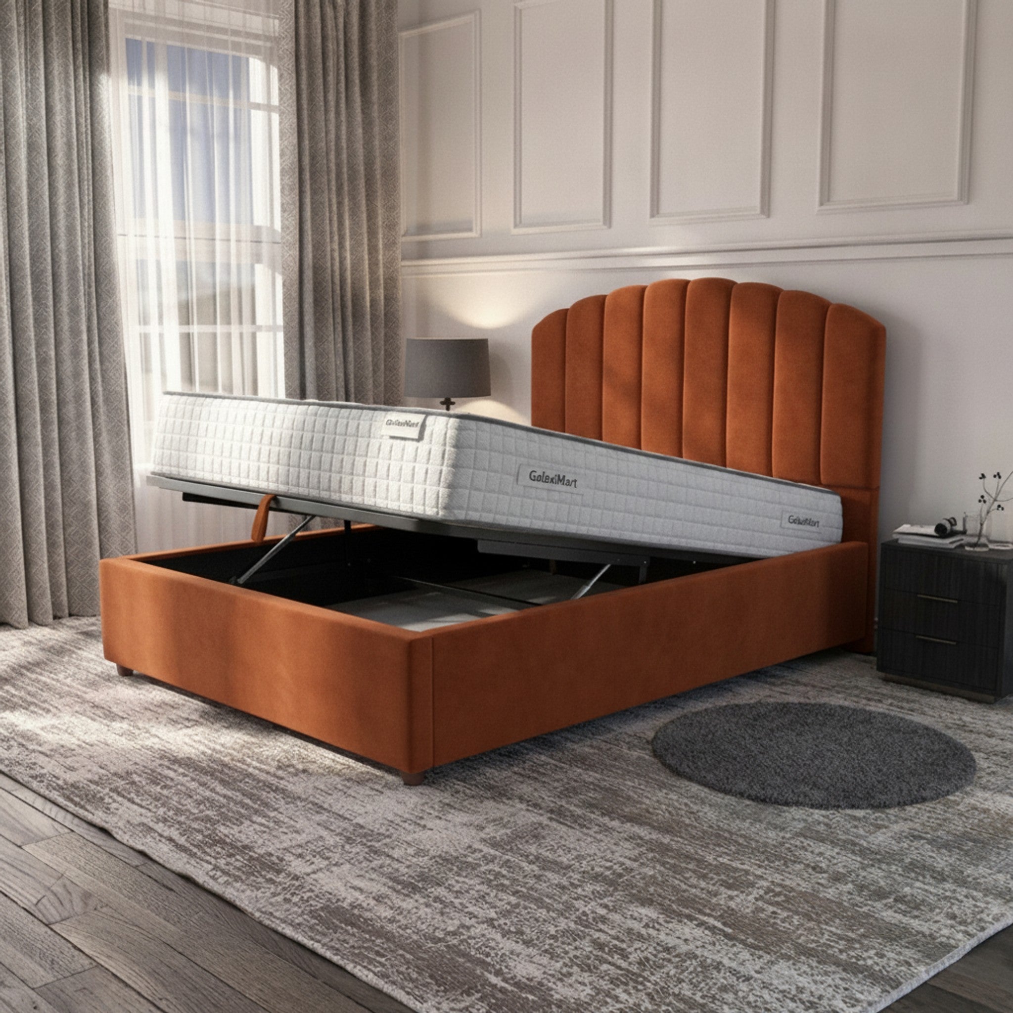 Burnt Orange Berkshire Ottoman Bed with Gas-Lift Storage