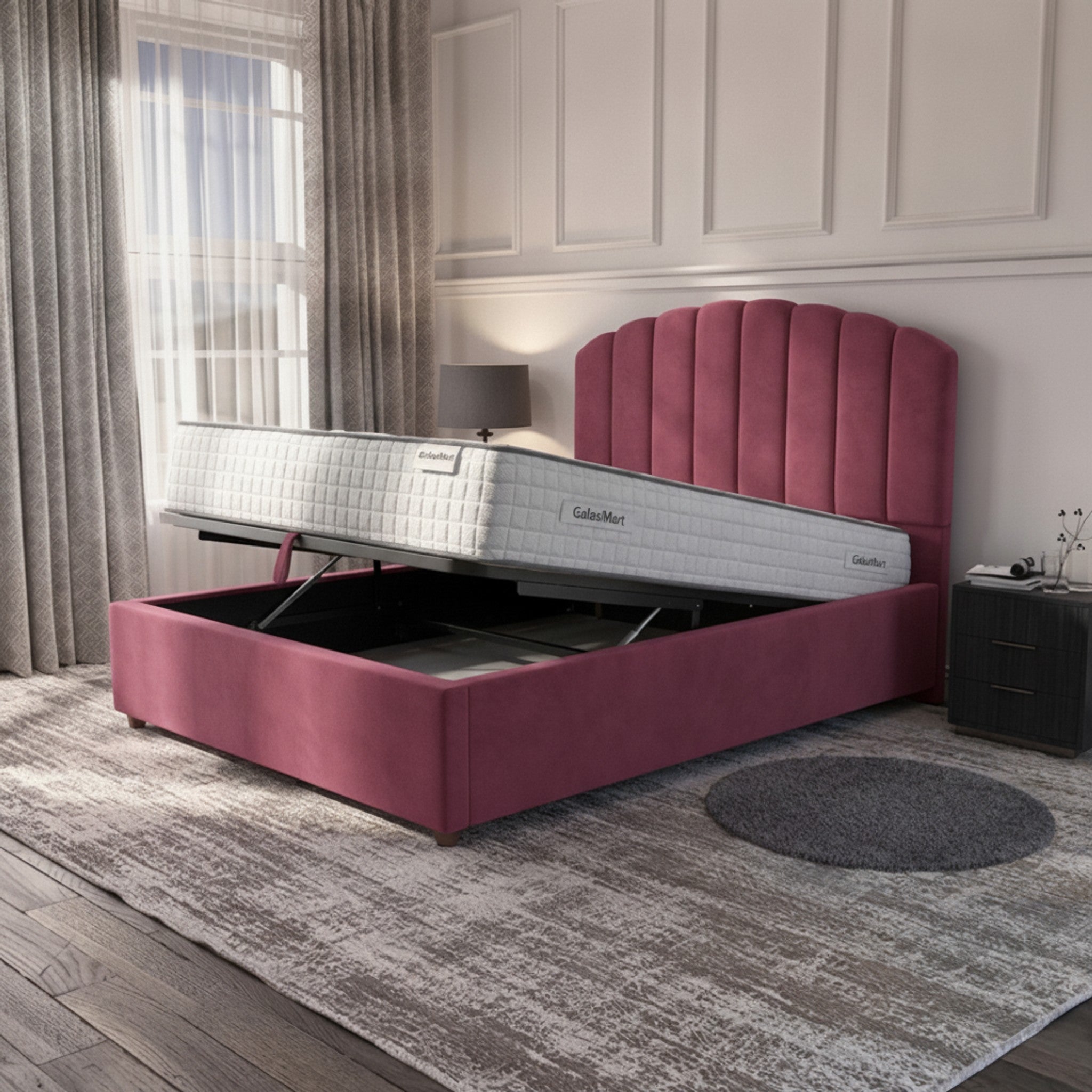 Cerise Berkshire Ottoman Bed - Gas-Lift Storage