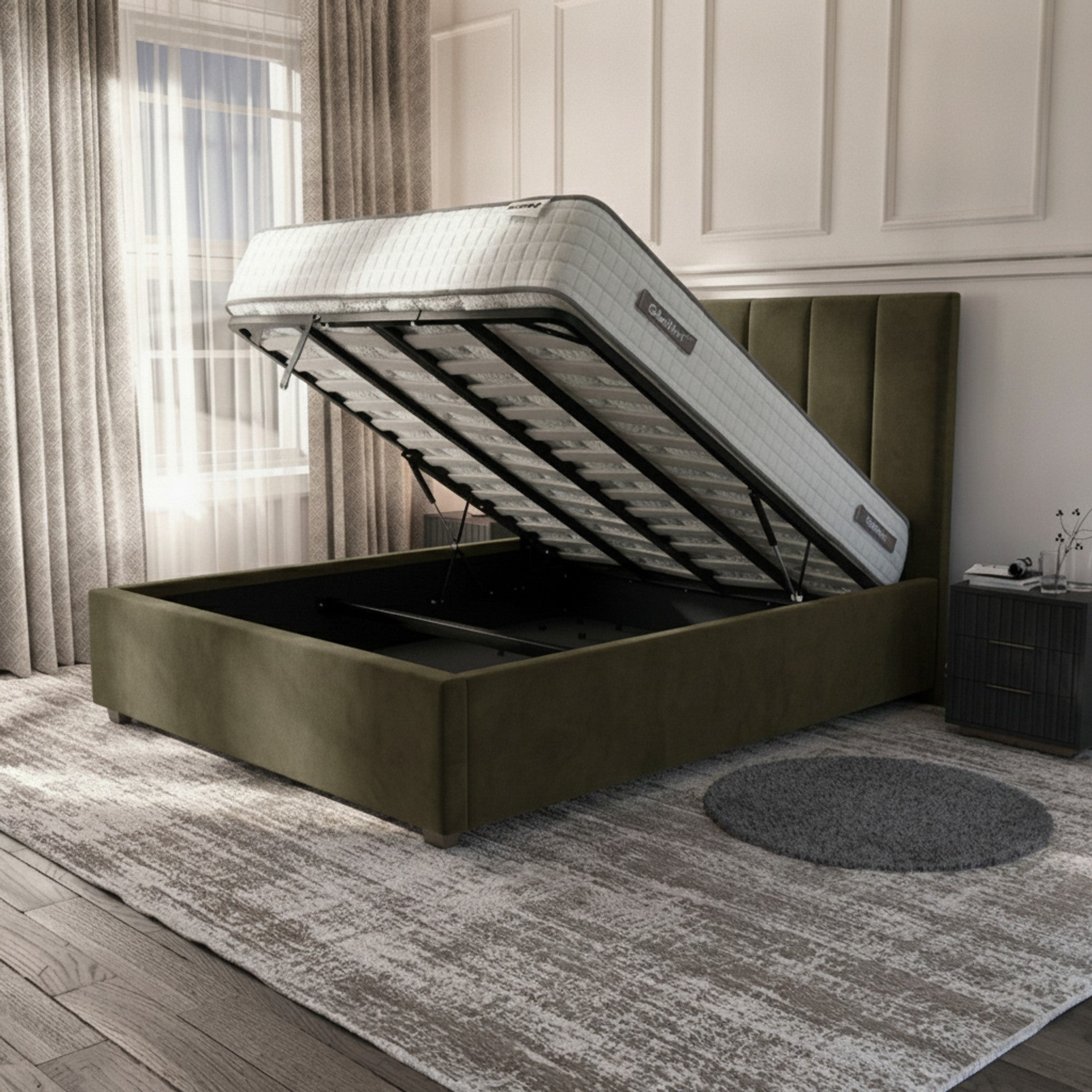 Bristol Olive Ottoman Bed | Gas-Lift Storage Bed