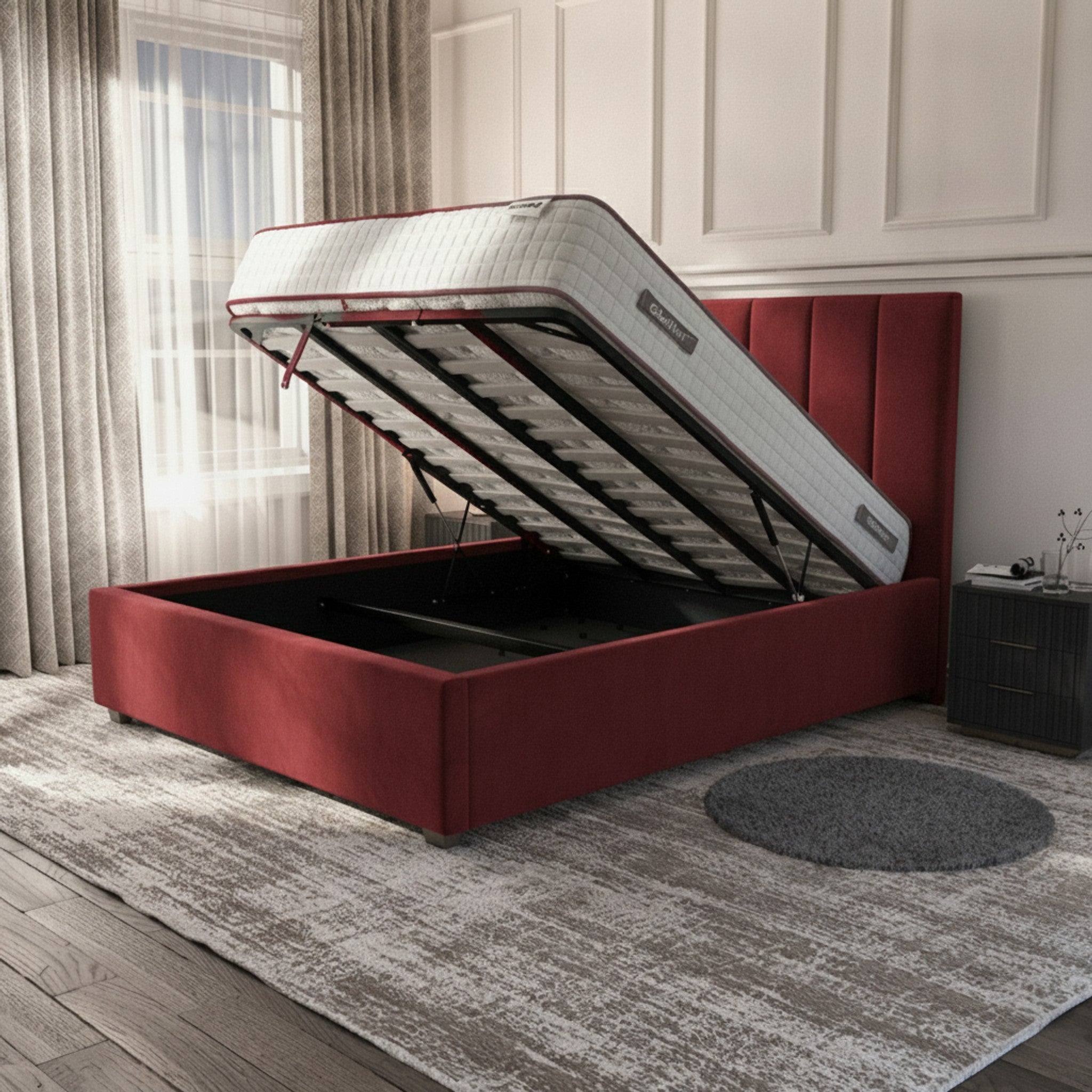 Bristol Red Ottoman Bed - Premium Gas-Lift Storage