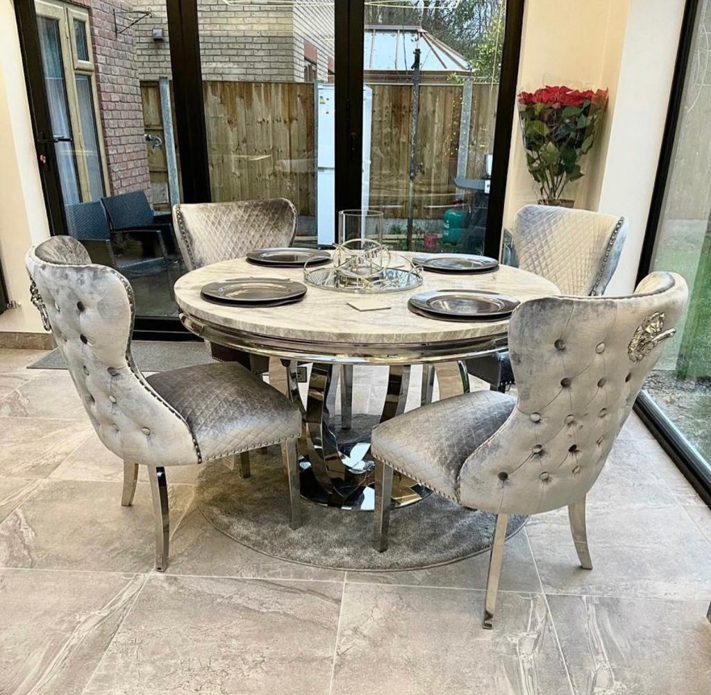 Bologna 130cm Grey Marble Round Dining Table with Set of Lewis Grey Lion Knocker Button Dining Chairs