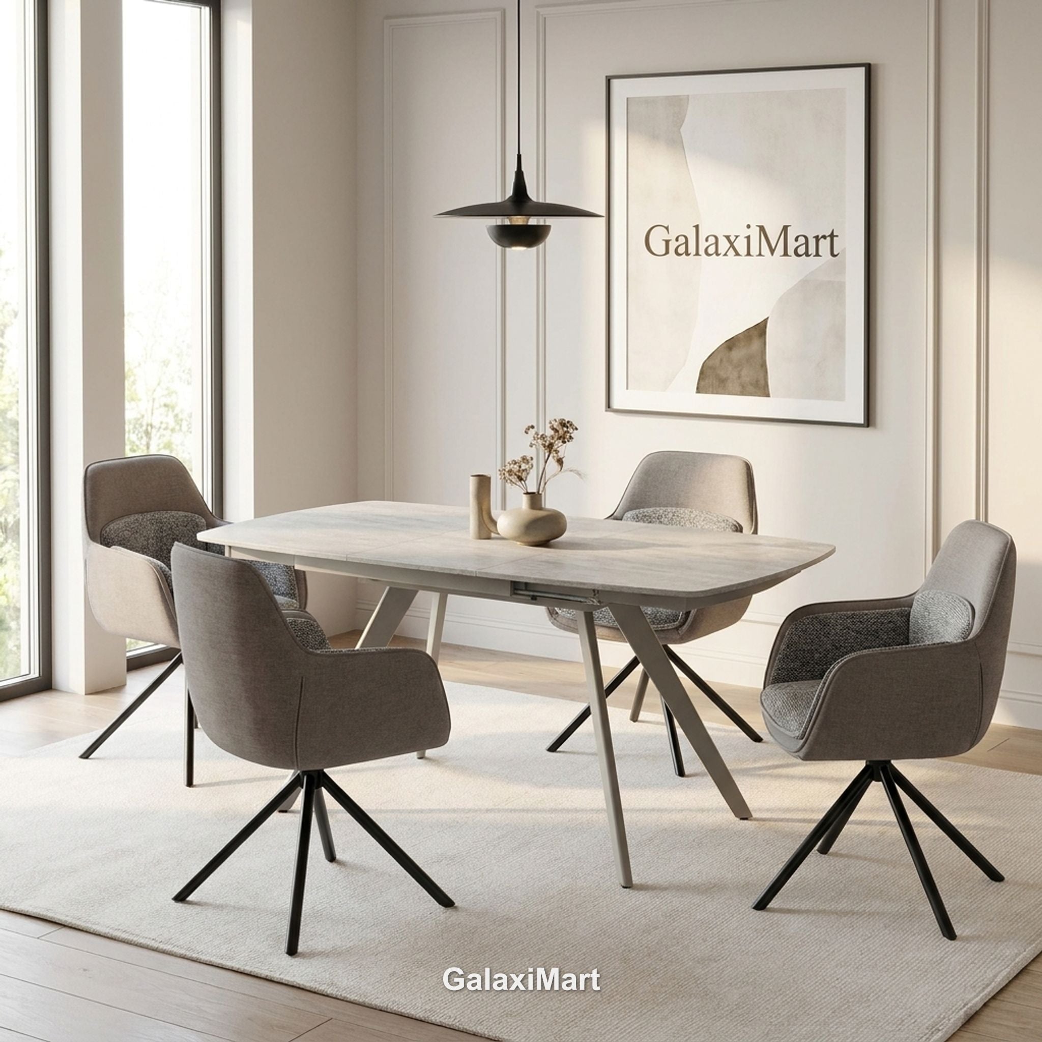 Cambridge Sintered Stone Extendable Dining Table Beige with Carpi Grey Swivel Dining Chairs | GalaxiMart