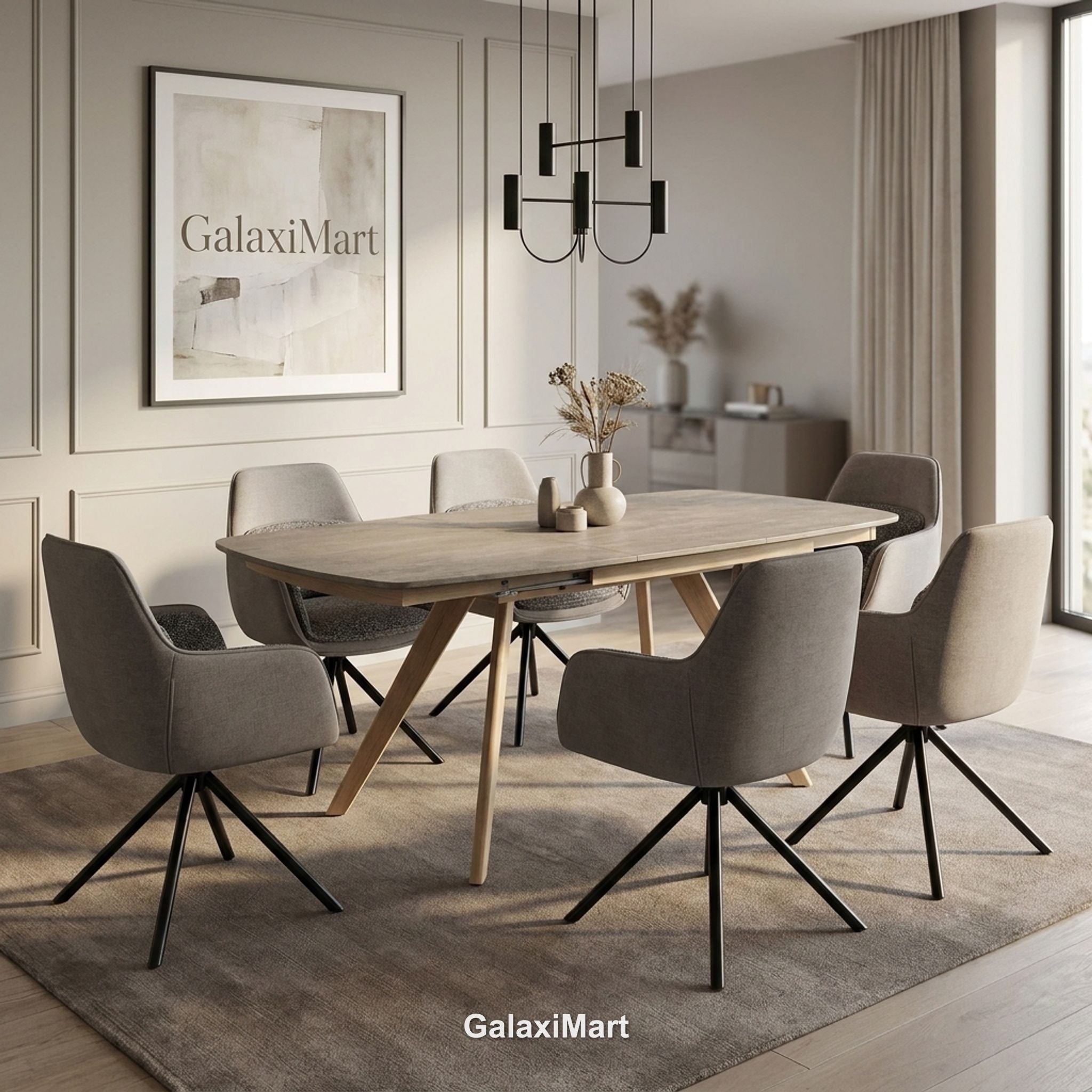 Cambridge Sintered Stone Extendable Dining Table Beige with Carpi Grey Swivel Dining Chairs | GalaxiMart