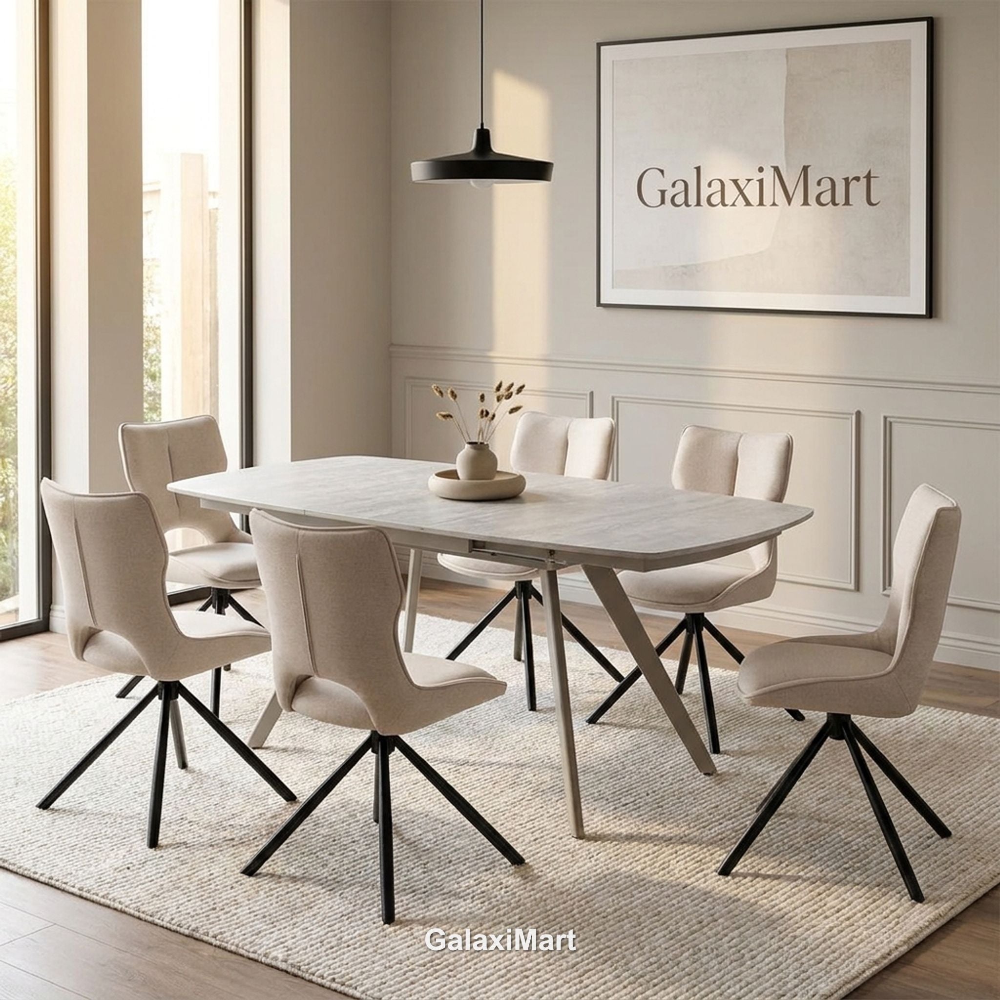 Cambridge Sintered Stone Extendable Dining Table Beige with Constance Beige Swivel Dining Chairs | GalaxiMart