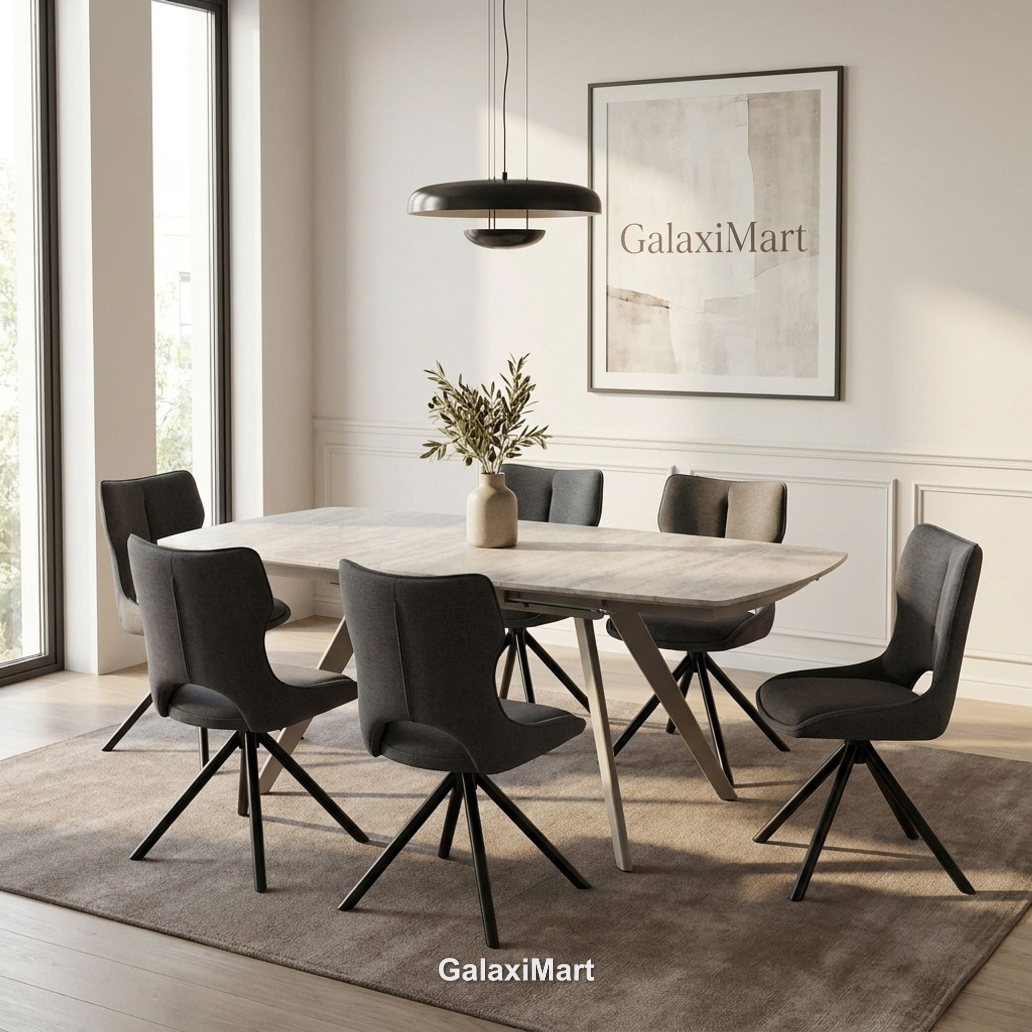Cambridge Sintered Stone Extendable Dining Table Beige with Constance Grey Swivel Dining Chairs | GalaxiMart