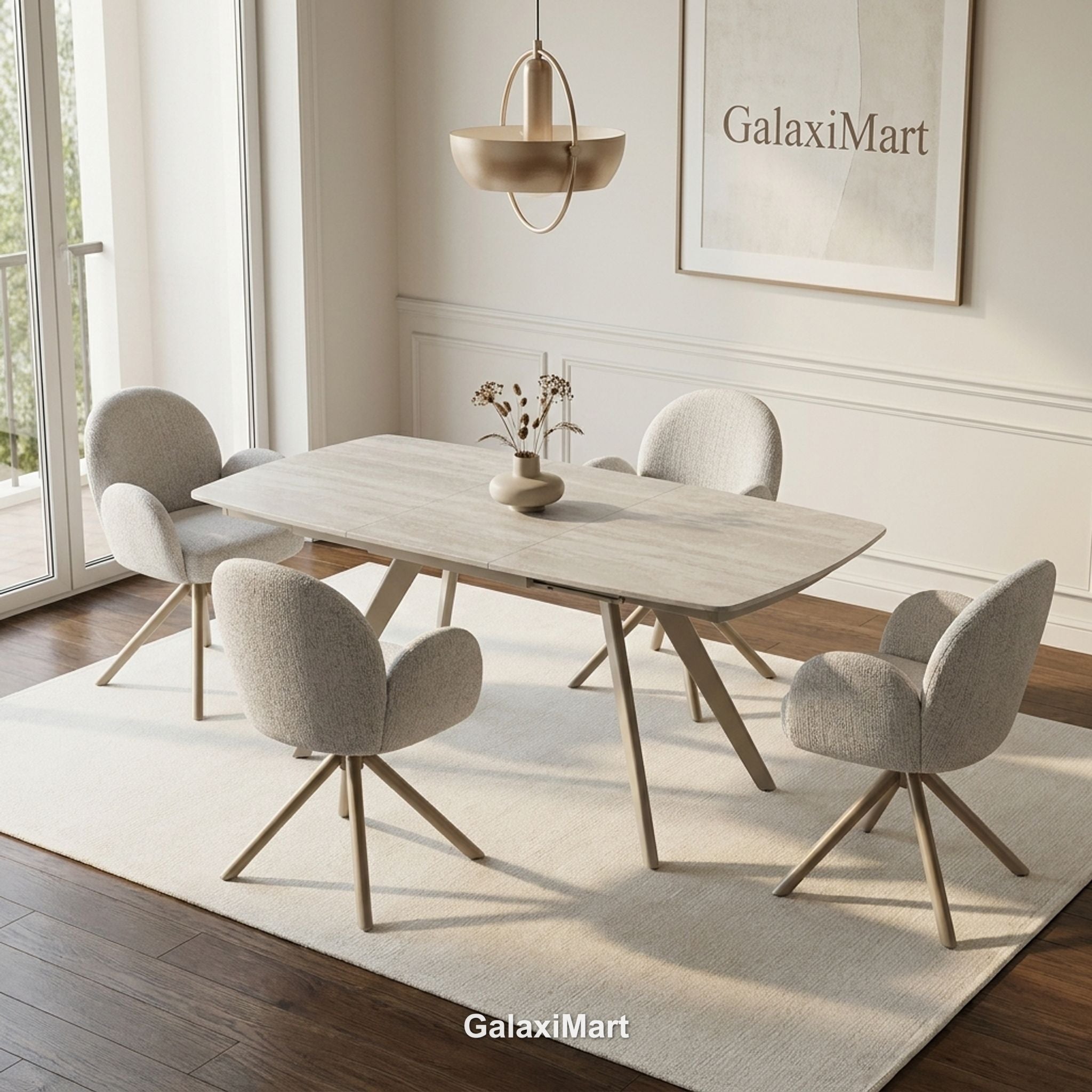 Cambridge Sintered Stone Extendable Dining Table Beige with Gstaad Beige Bouclé Dining Chairs | GalaxiMart