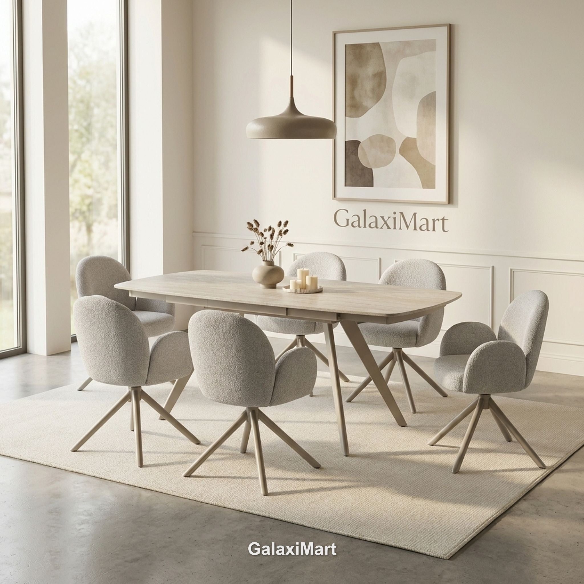 Cambridge Sintered Stone Extendable Dining Table Beige with Gstaad Beige Bouclé Dining Chairs | GalaxiMart
