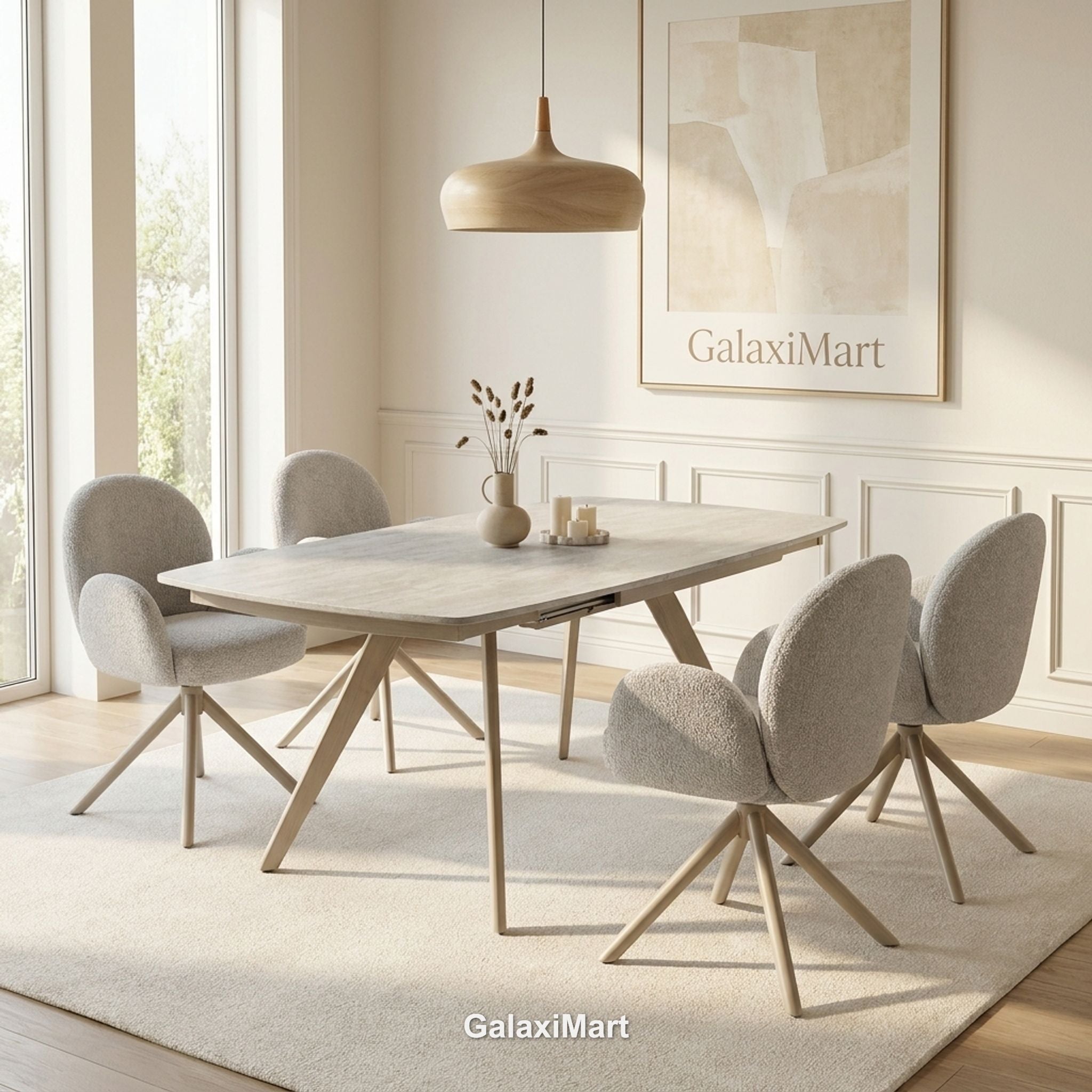 Cambridge Sintered Stone Extendable Dining Table Beige with Gstaad Grey Bouclé Dining Chairs | GalaxiMart