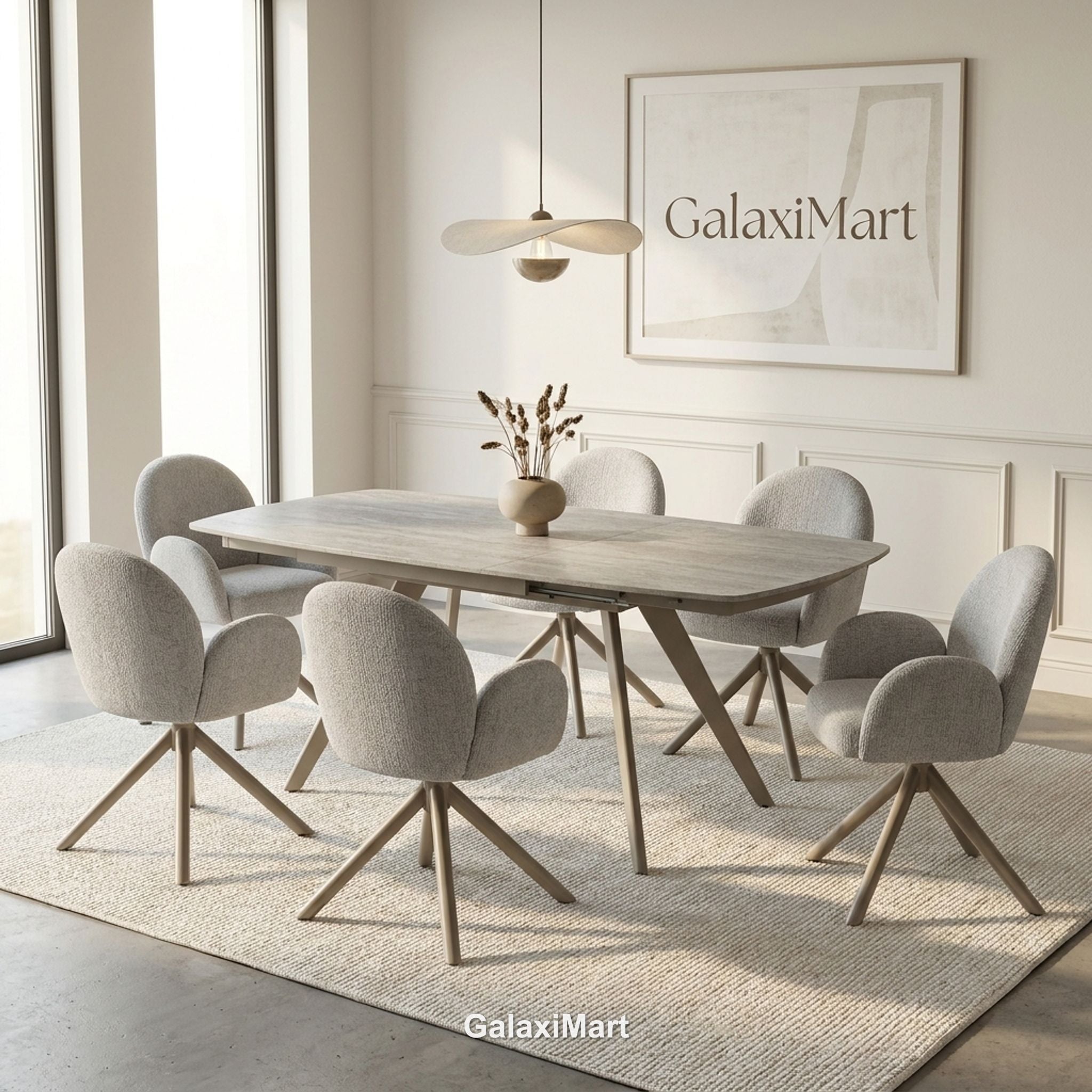 Cambridge Sintered Stone Extendable Dining Table Beige with Gstaad Grey Bouclé Dining Chairs | GalaxiMart