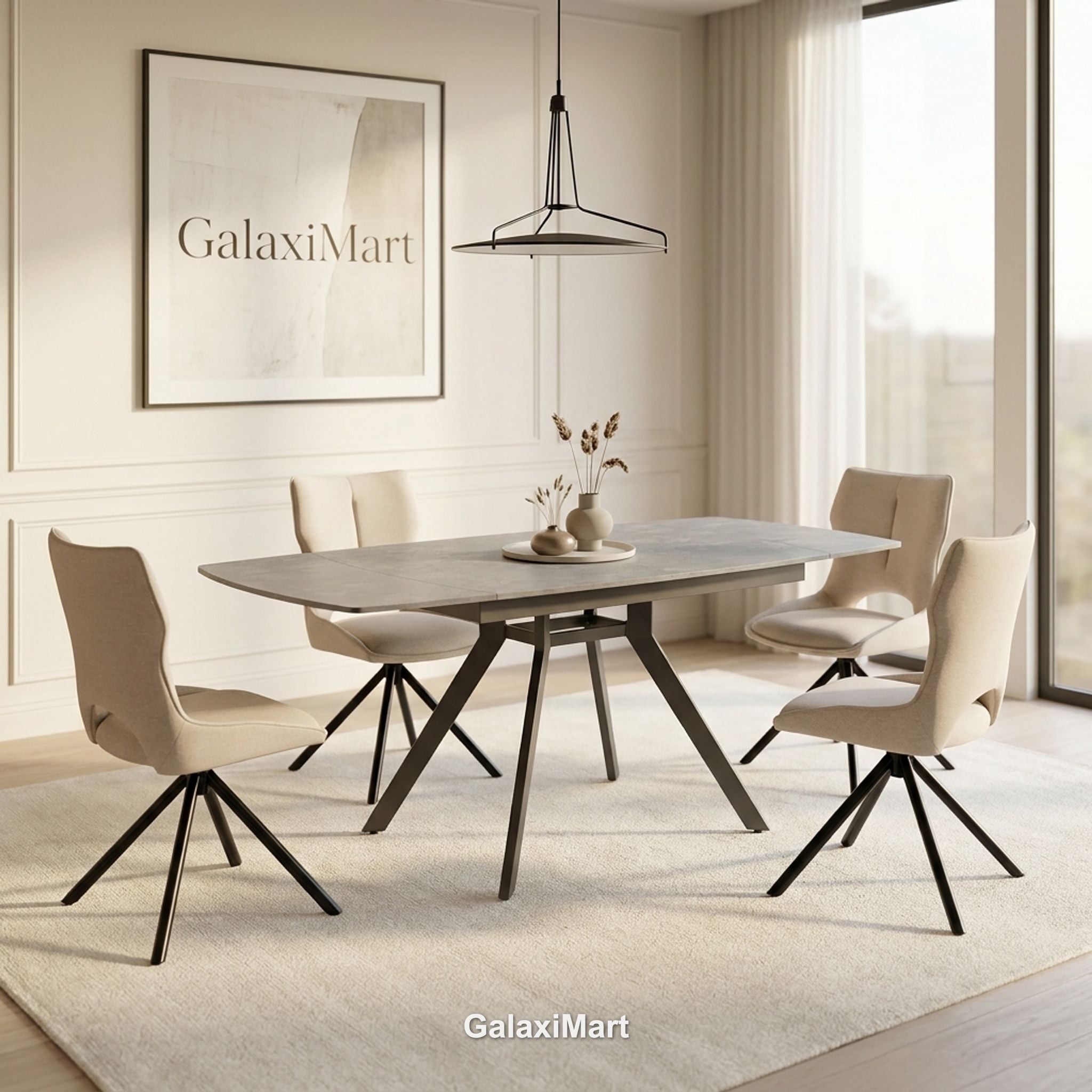Cambridge Sintered Stone Extendable Dining Table Grey with Constance Beige 360° Swivel Dining Chairs | GalaxiMart