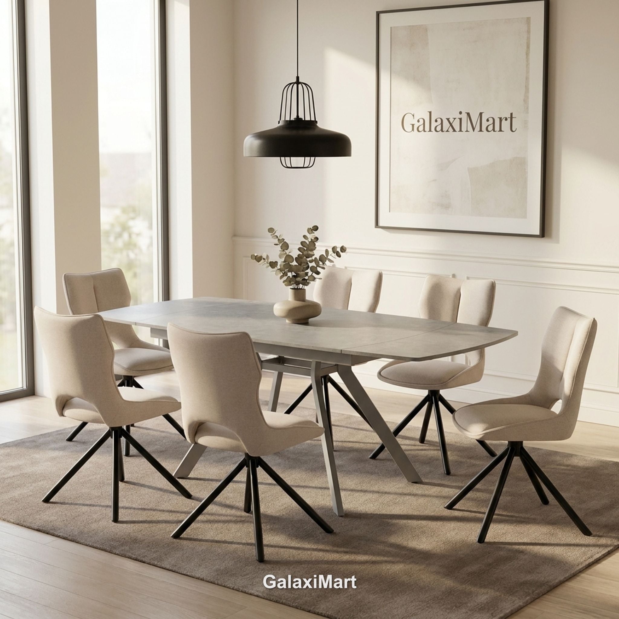 Cambridge Sintered Stone Extendable Dining Table Grey with Constance Beige 360° Swivel Dining Chairs | GalaxiMart