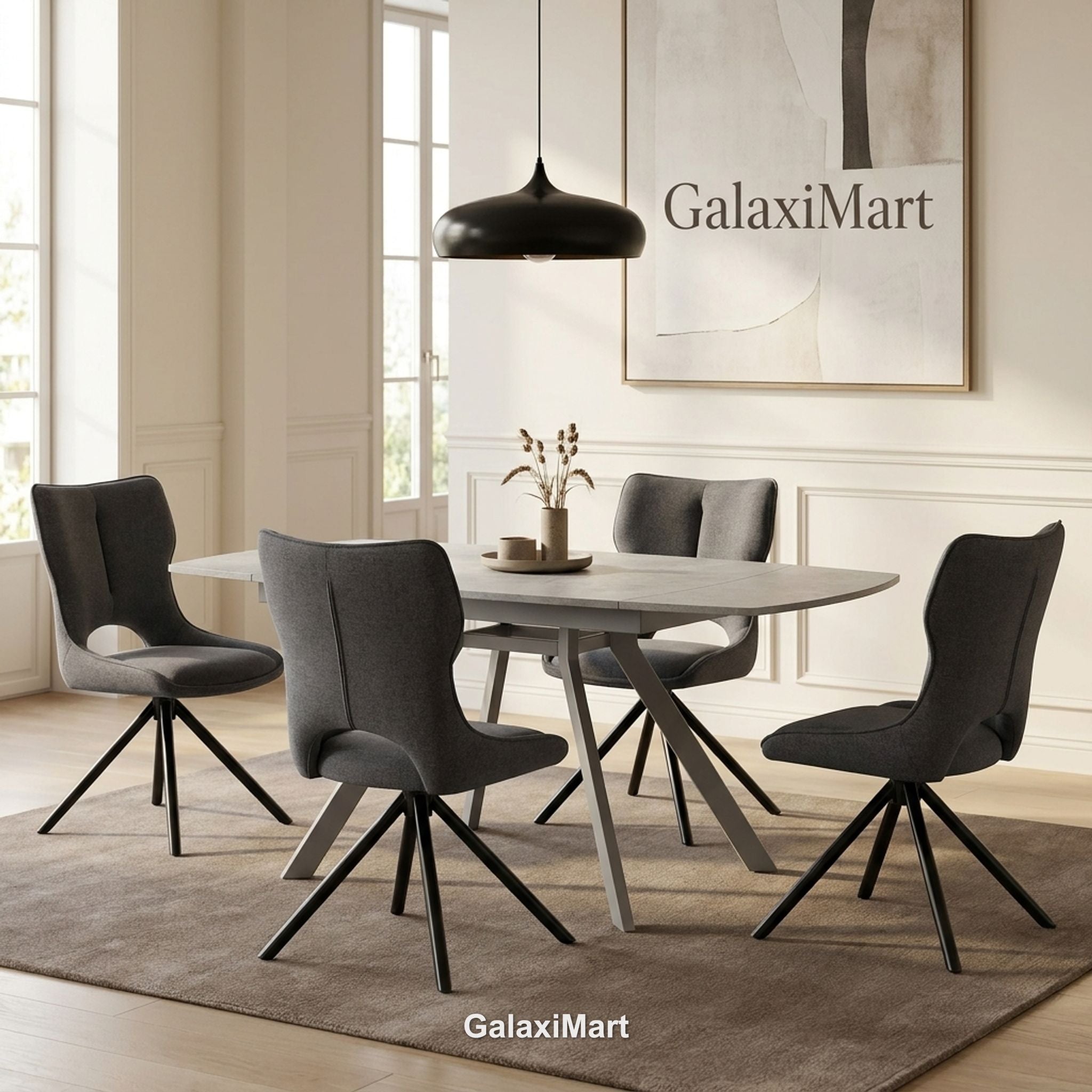 Cambridge Sintered Stone Extendable Dining Table Grey with Constance Grey 360° Swivel Dining Chairs | GalaxiMart