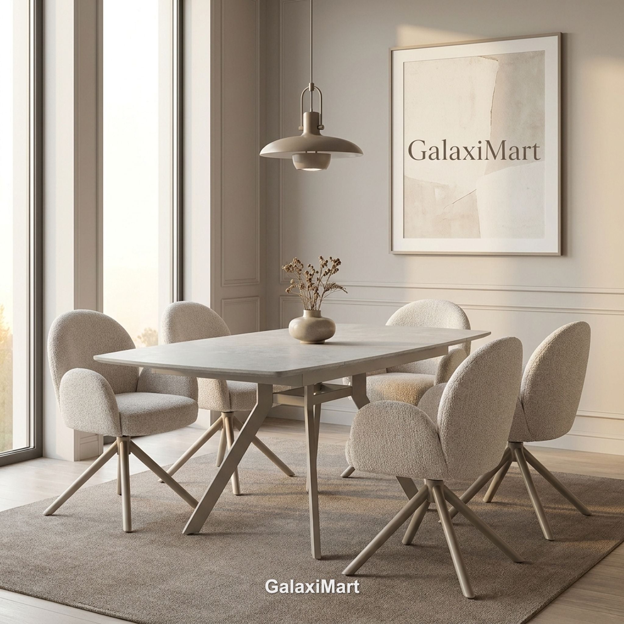 Cambridge Sintered Stone Extendable Dining Table Grey with Gstaad Beige Bouclé Dining Chairs | GalaxiMart