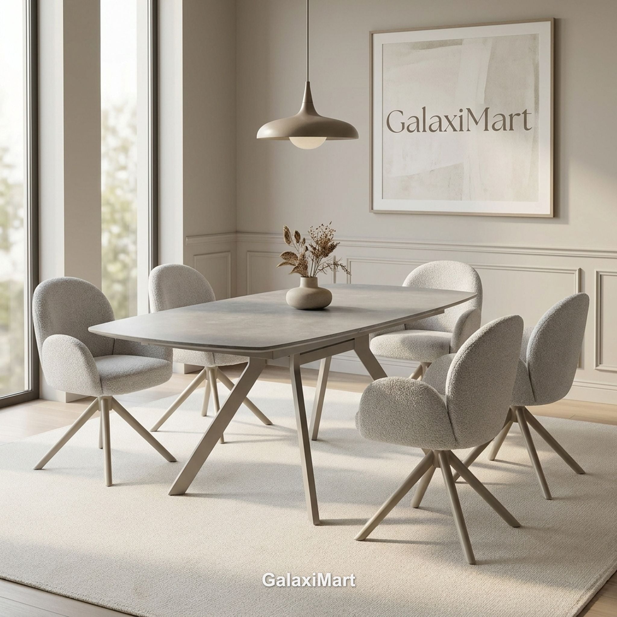 Cambridge Sintered Stone Extendable Dining Table Grey with Gstaad Beige Bouclé Dining Chairs | GalaxiMart
