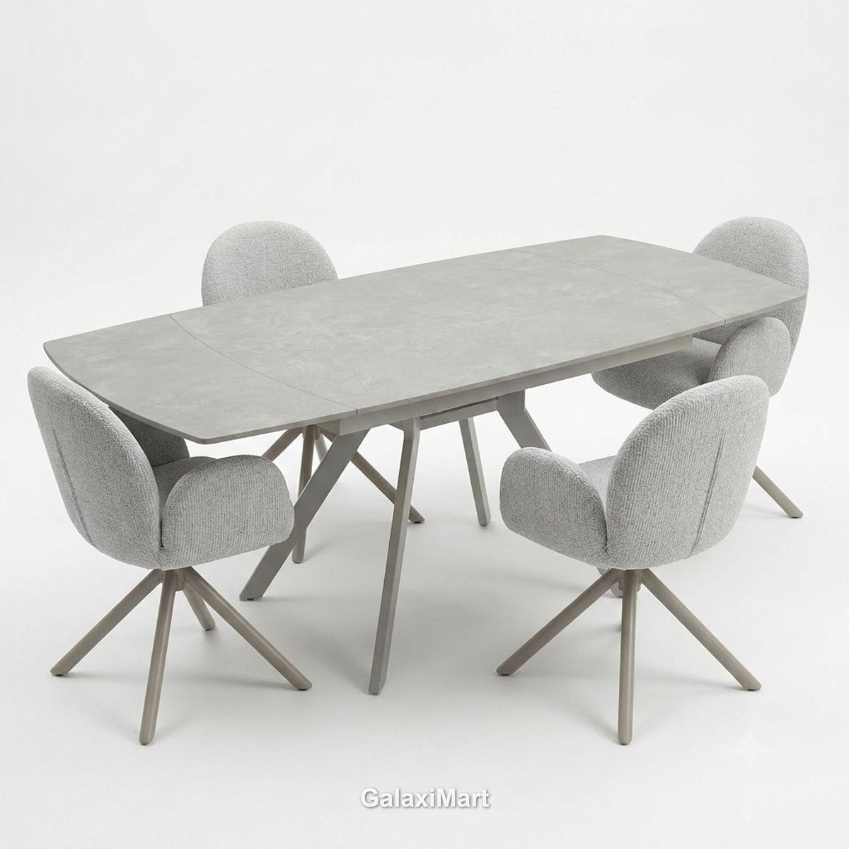 Cambridge Sintered Stone Extendable Dining Table Grey with Gstaad Grey Bouclé Dining Chairs | GalaxiMart