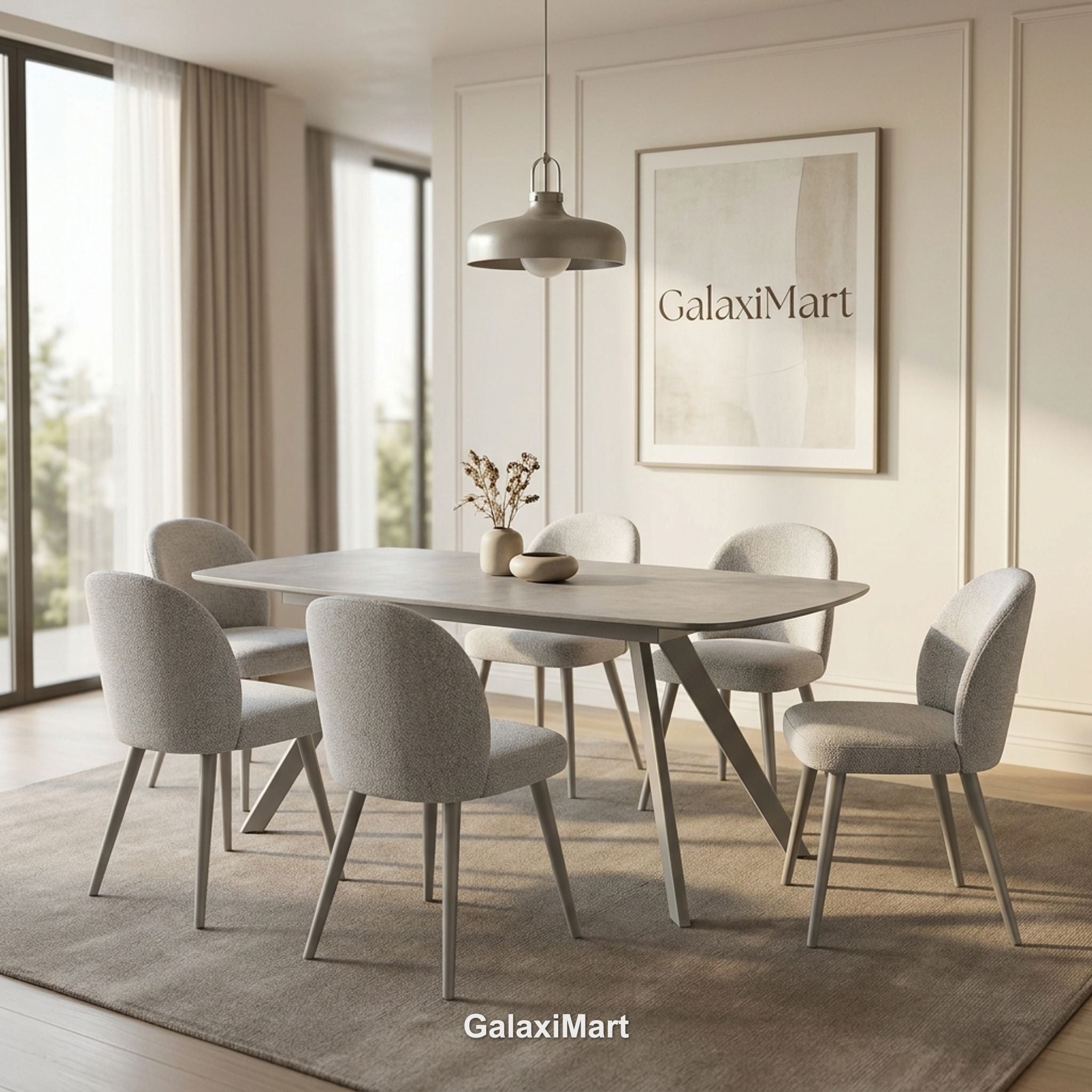 Cambridge Sintered Stone Extendable Dining Table Grey with Gstaad Grey Bouclé Dining Chairs | GalaxiMart