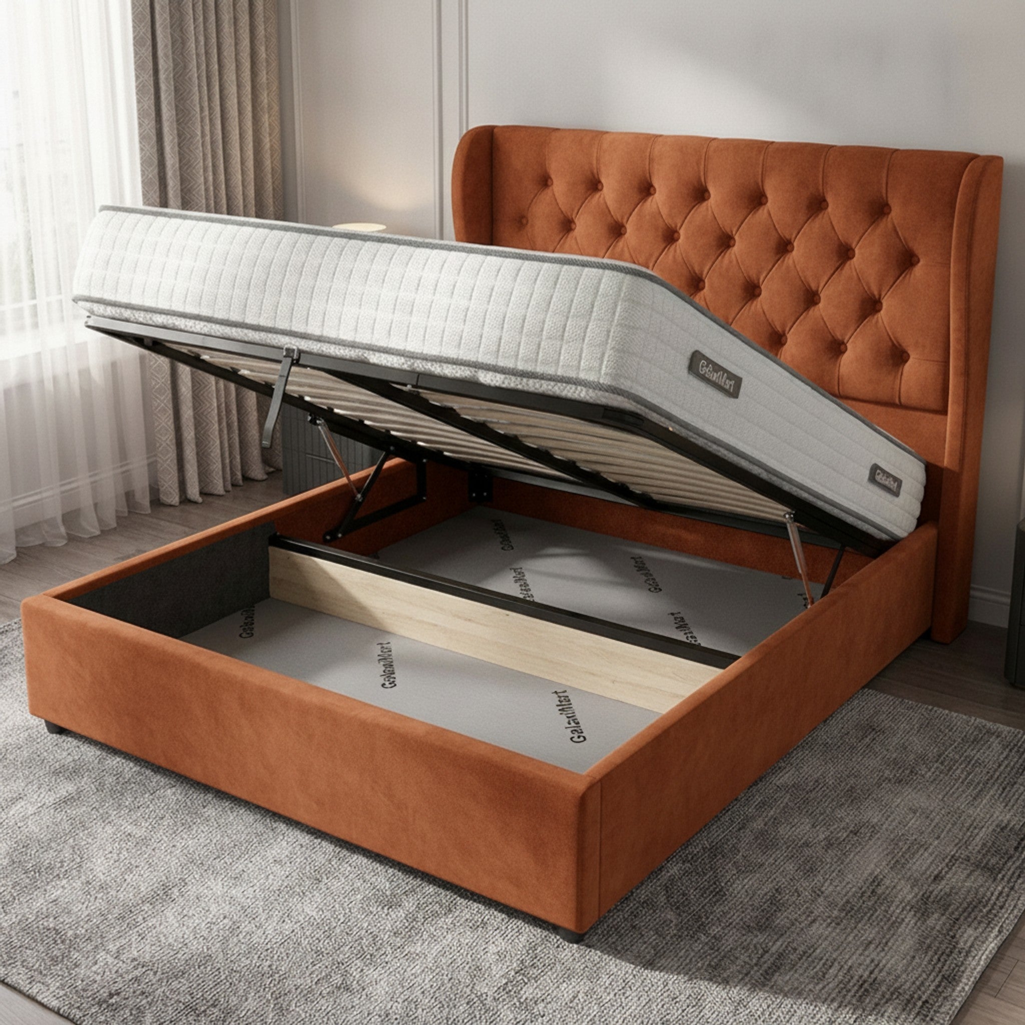 Burnt Orange Camden Ottoman Bed with Gas-Lift Storage