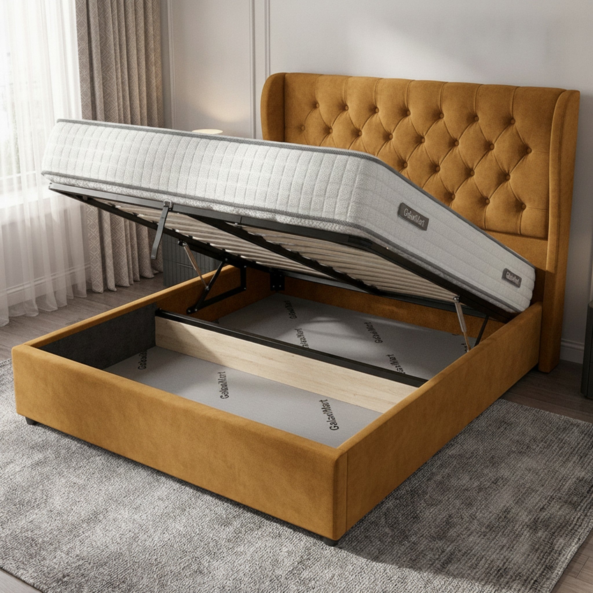 Camden Ottoman Bed - Mustard Fabric with Gas-Lift Storage