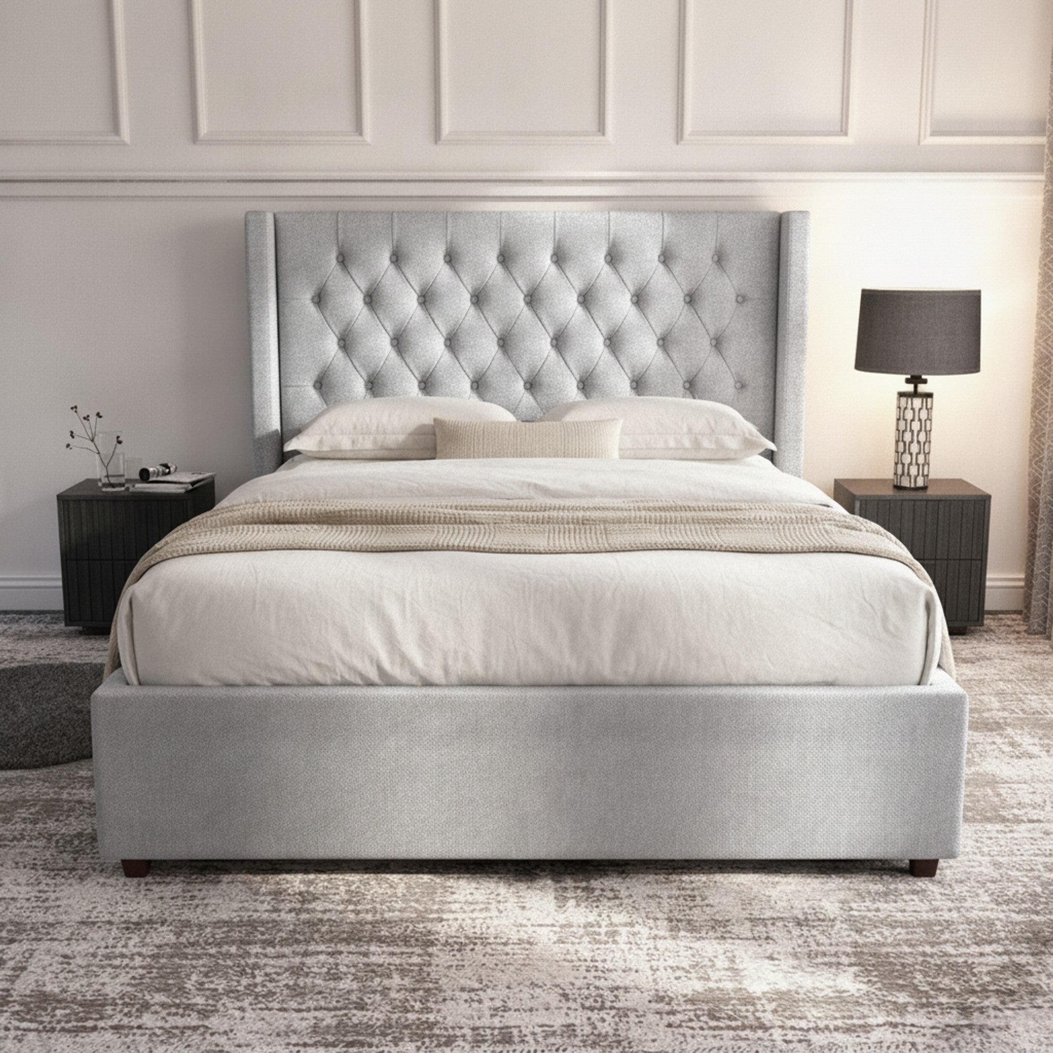 Camden Silver Ottoman Bed with Storage