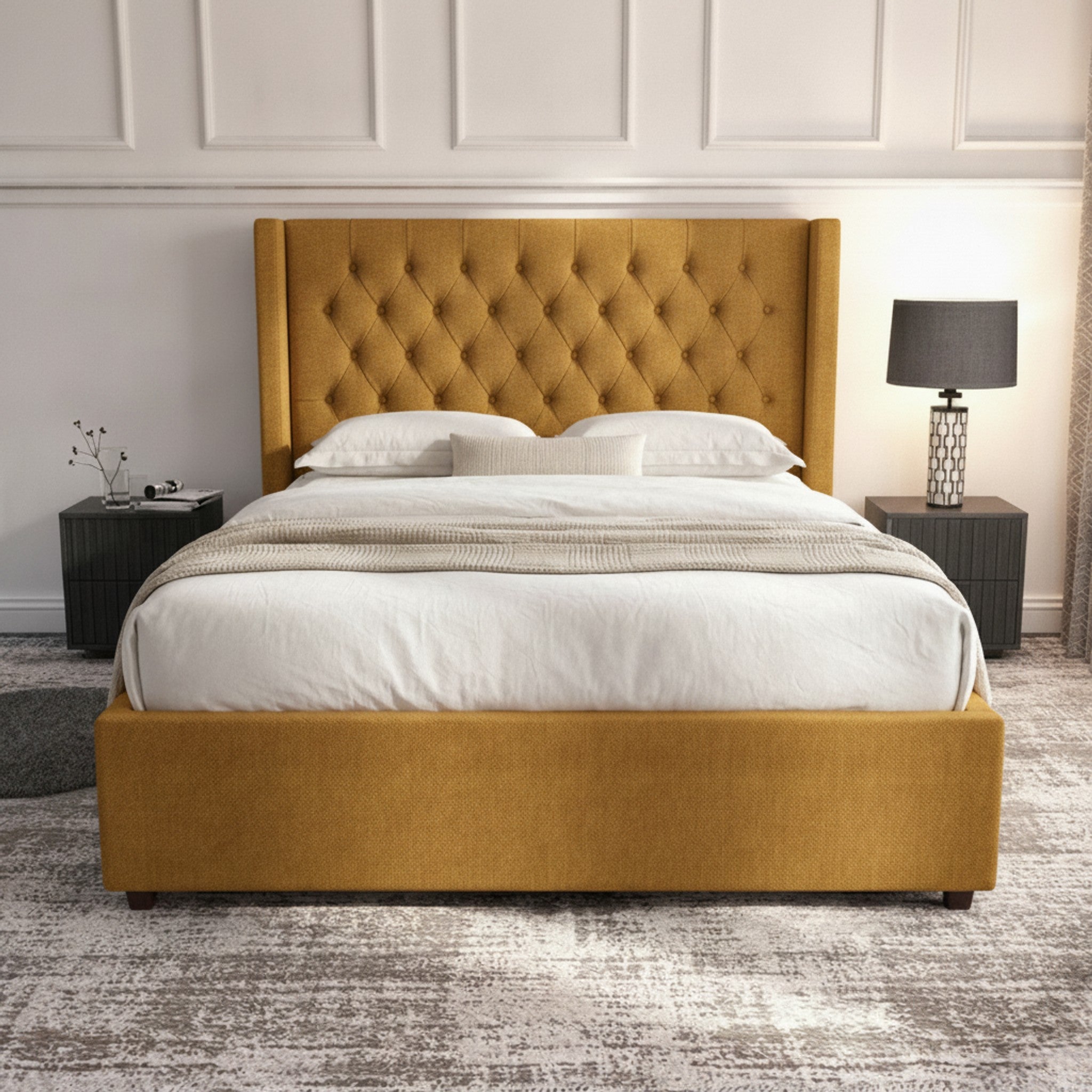 Camden Ottoman Bed - Mustard Fabric with Gas-Lift Storage