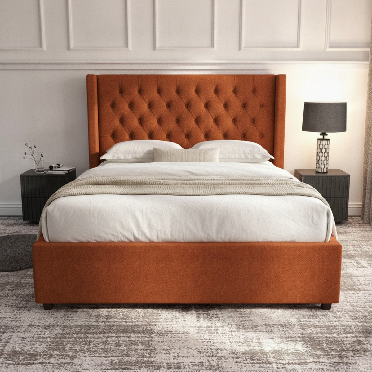 Burnt Orange Camden Ottoman Bed with Gas-Lift Storage
