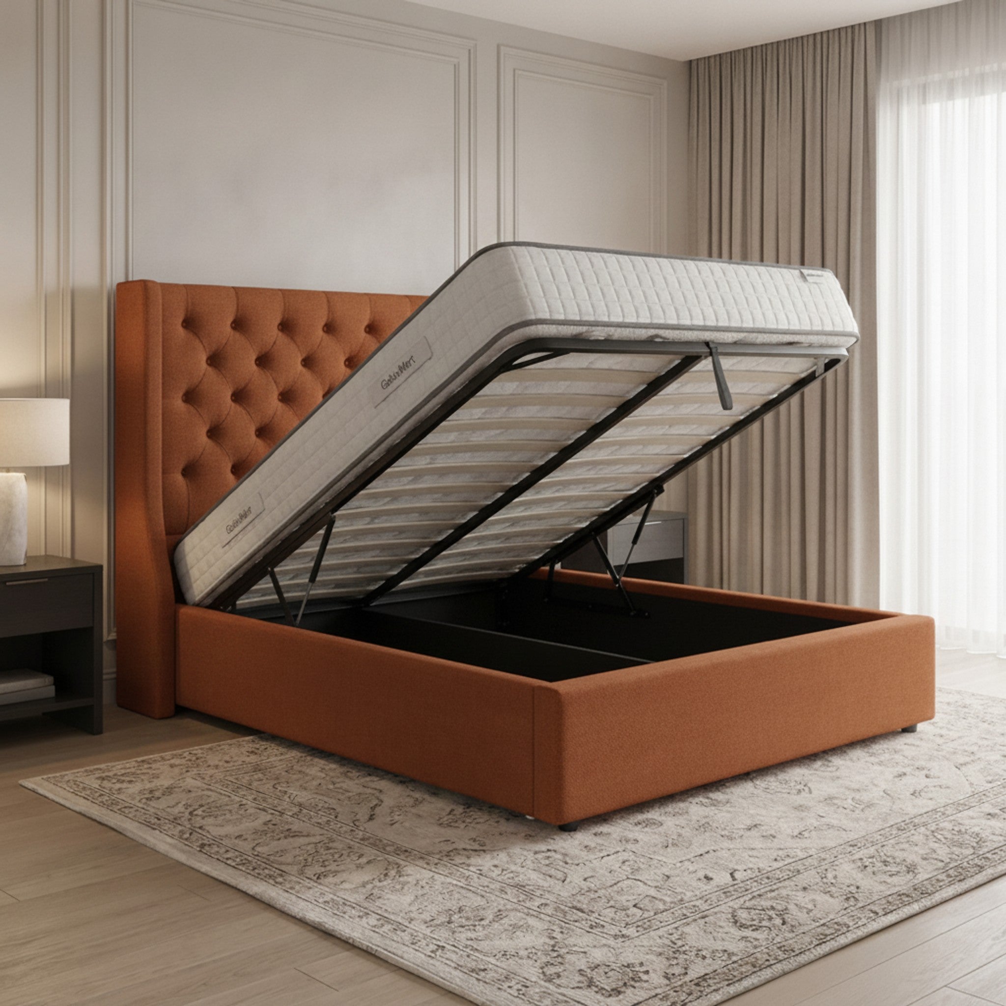Burnt Orange Camden Ottoman Bed with Gas-Lift Storage