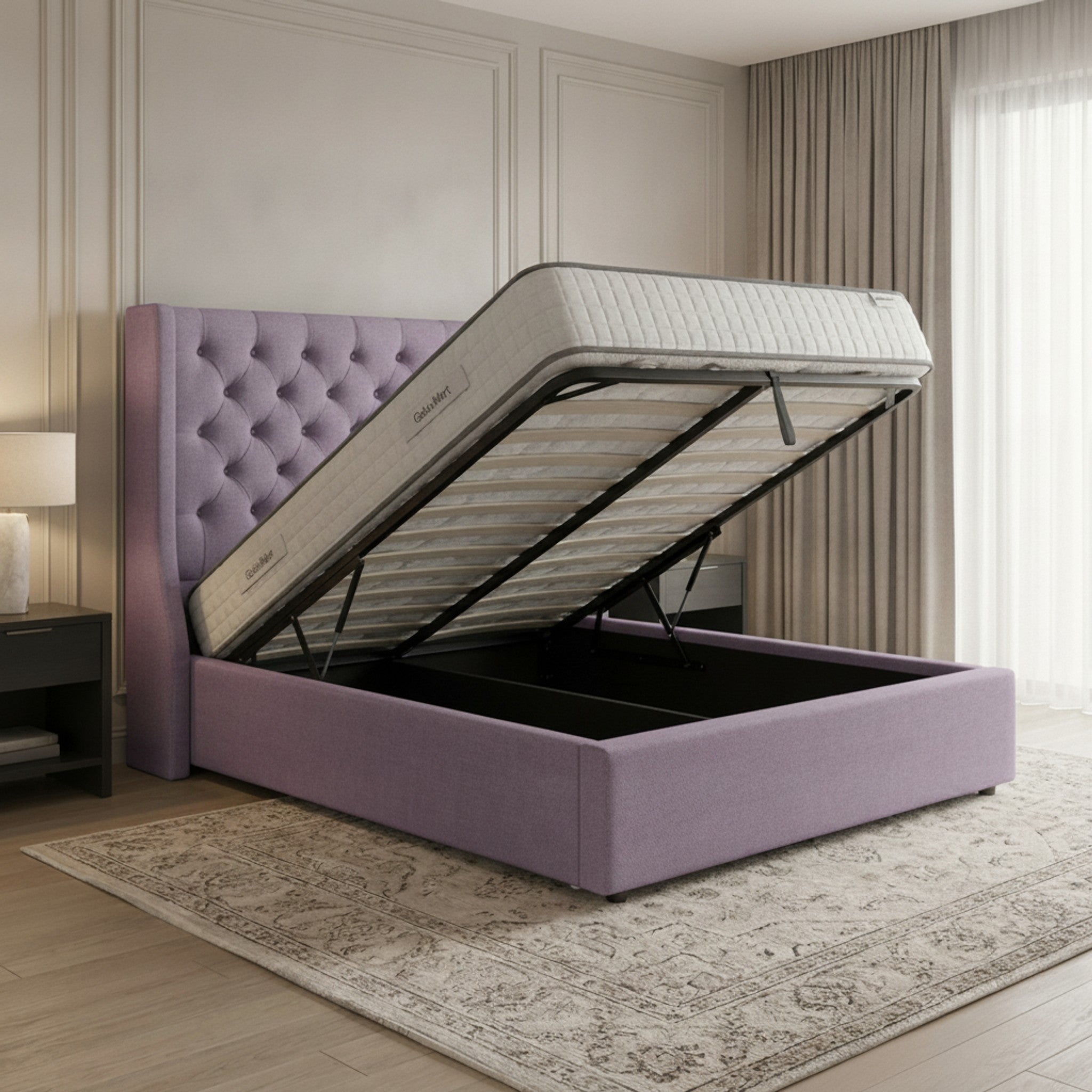 Camden Lilac Ottoman Bed with Gas-Lift Storage