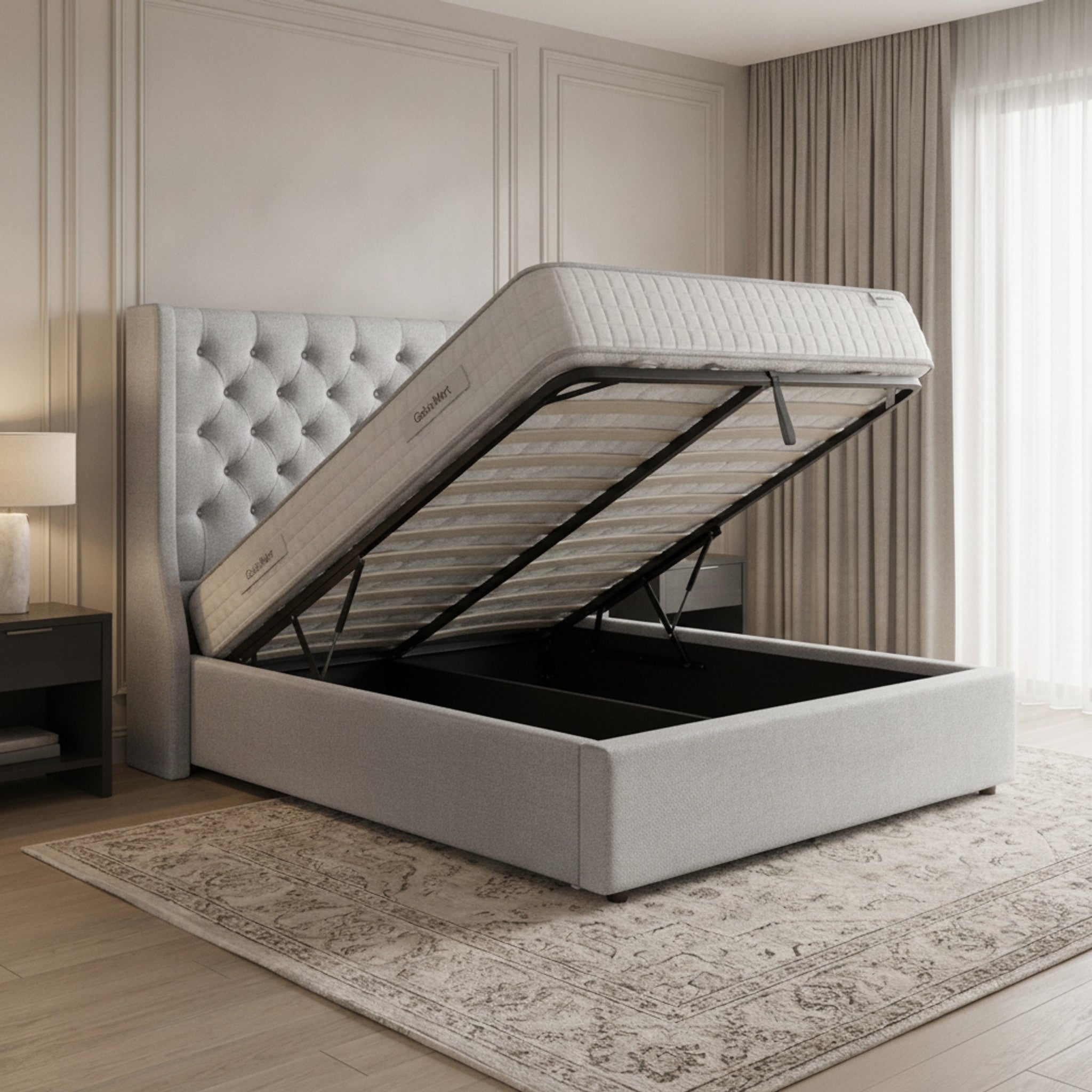 Camden Silver Ottoman Bed with Storage