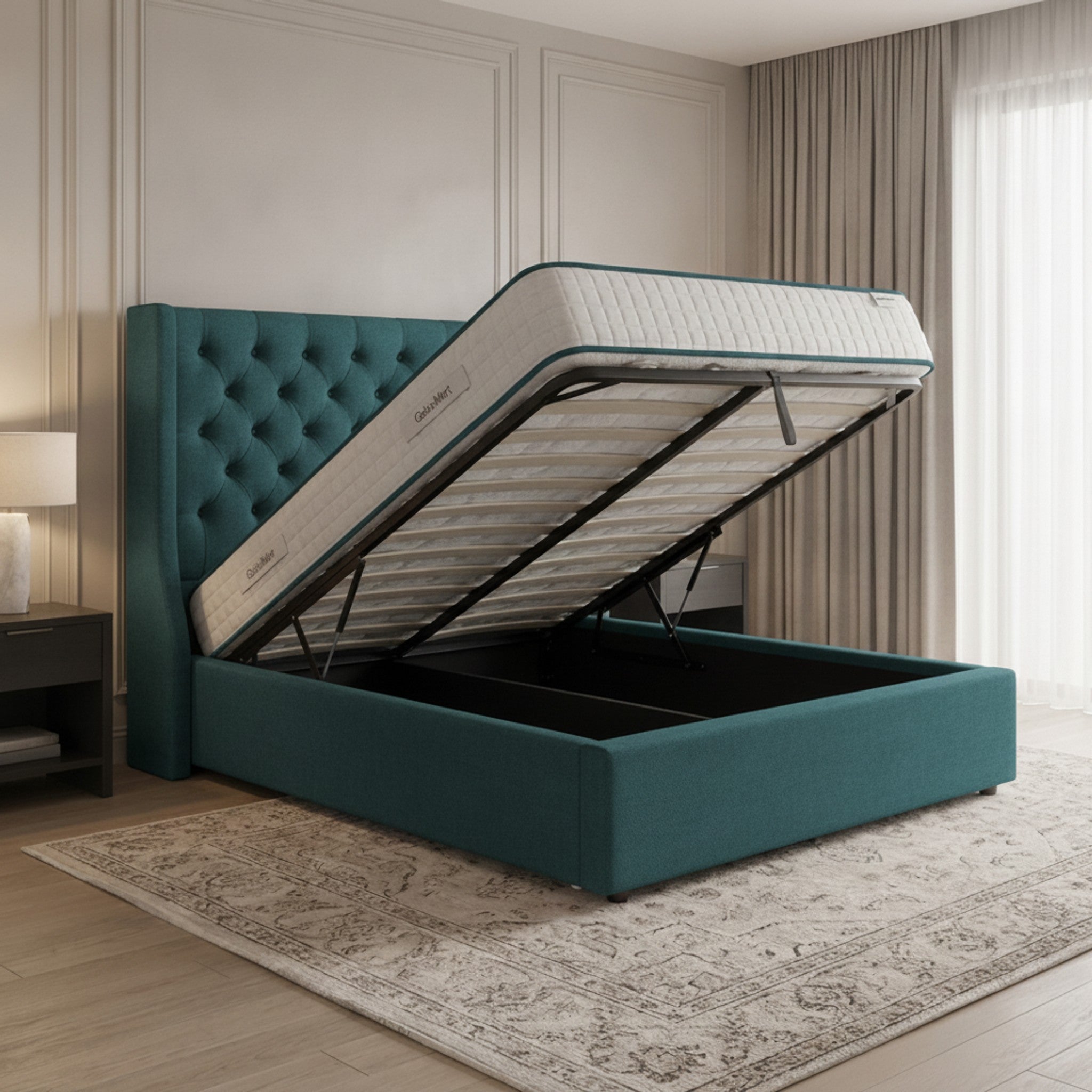 Camden Teal Ottoman Bed with Gas-Lift Storage