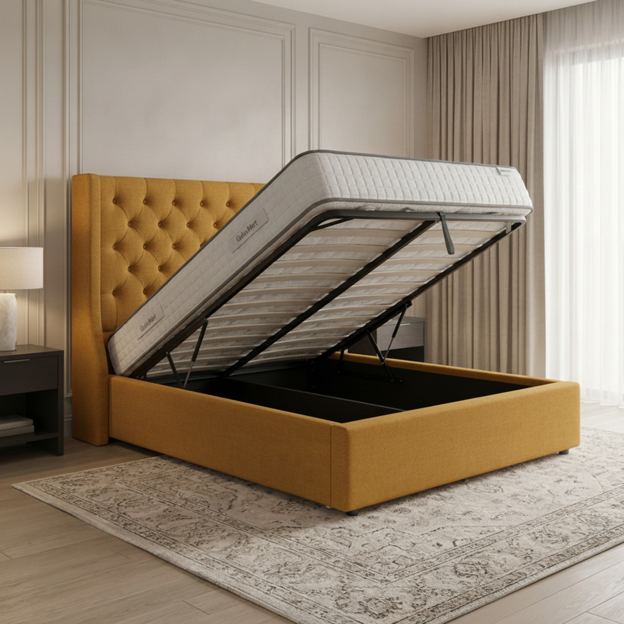 Camden Ottoman Bed - Mustard Fabric with Gas-Lift Storage