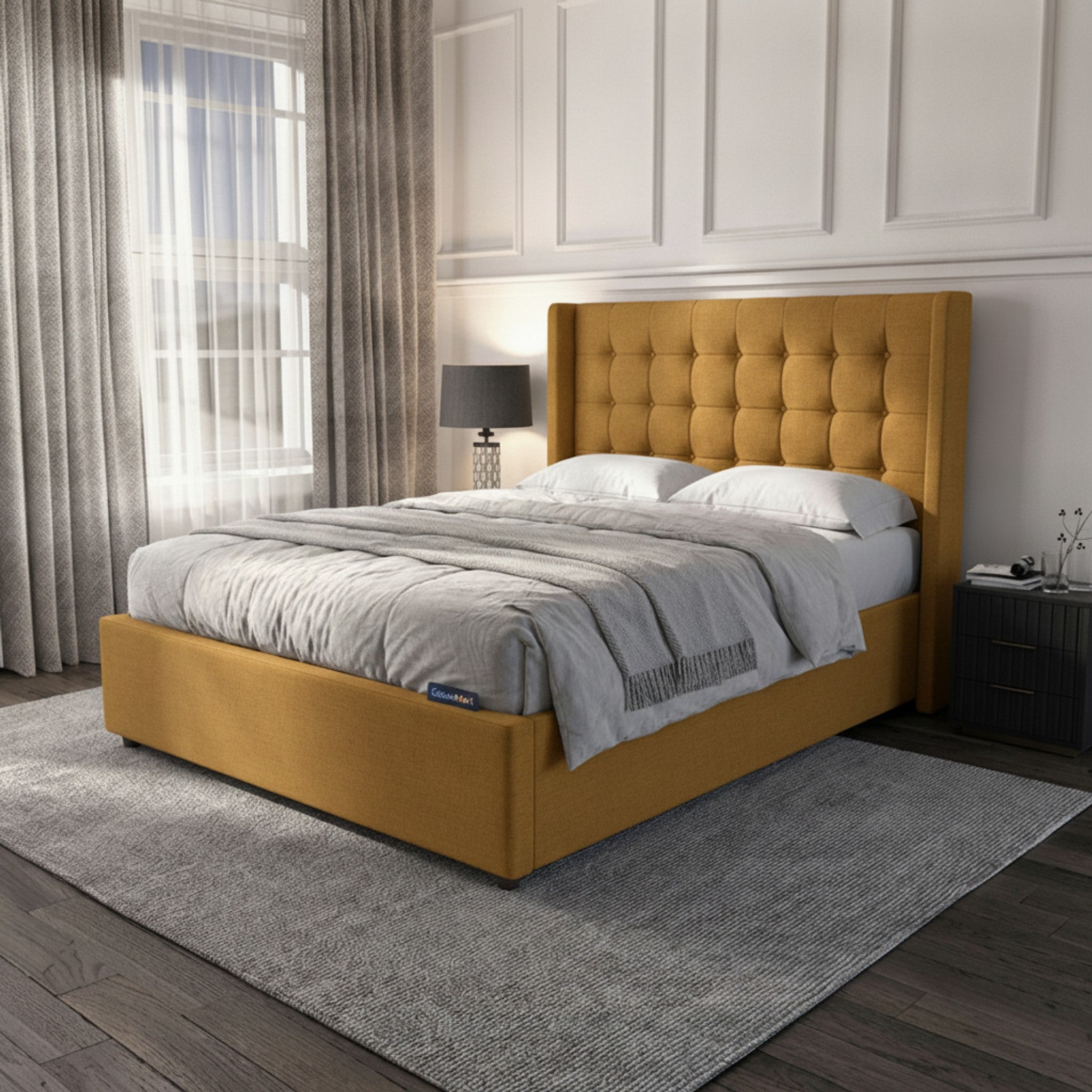 Camden Ottoman Bed - Mustard Fabric with Gas-Lift Storage