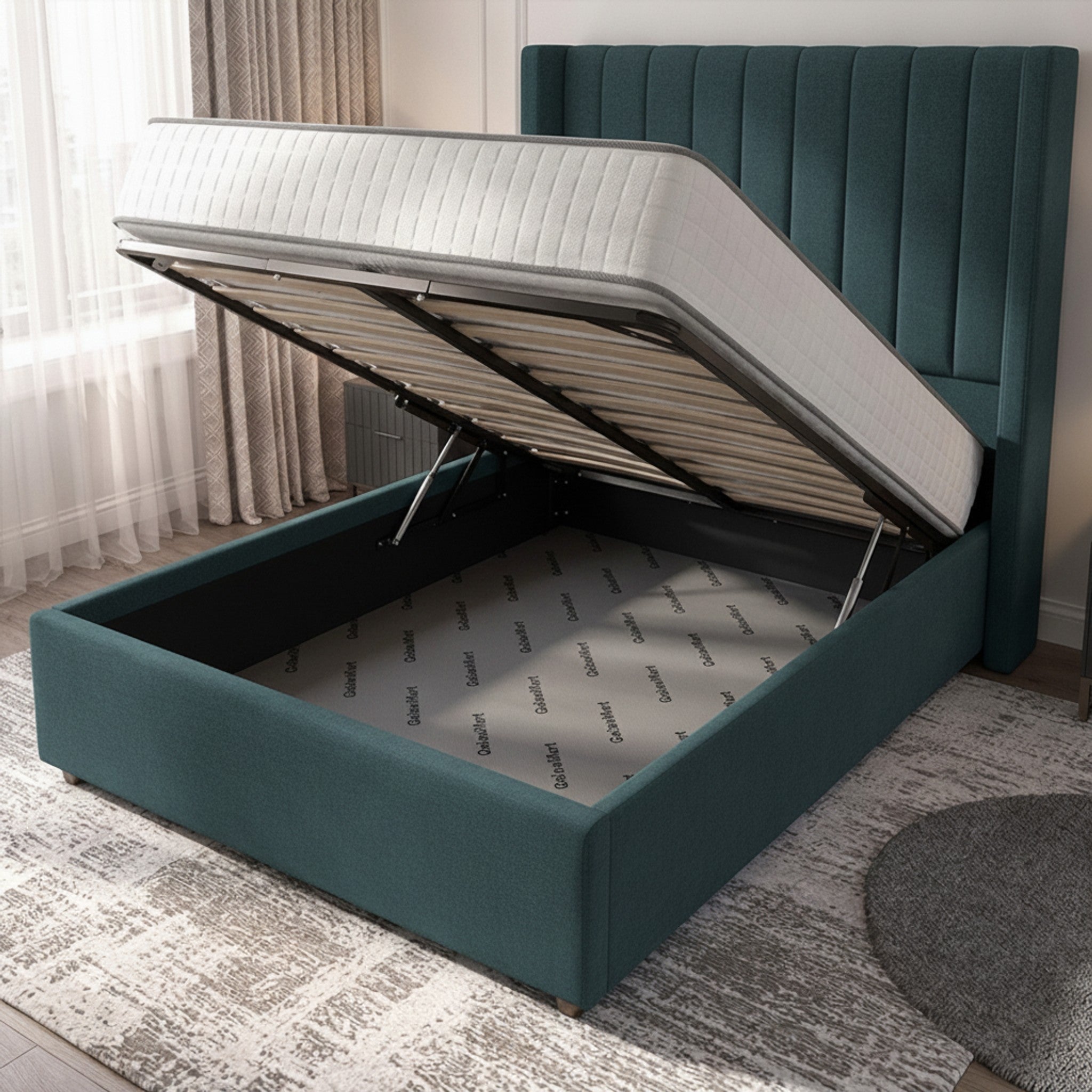 Carlton New Teal Ottoman Bed - Gas-Lift Storage