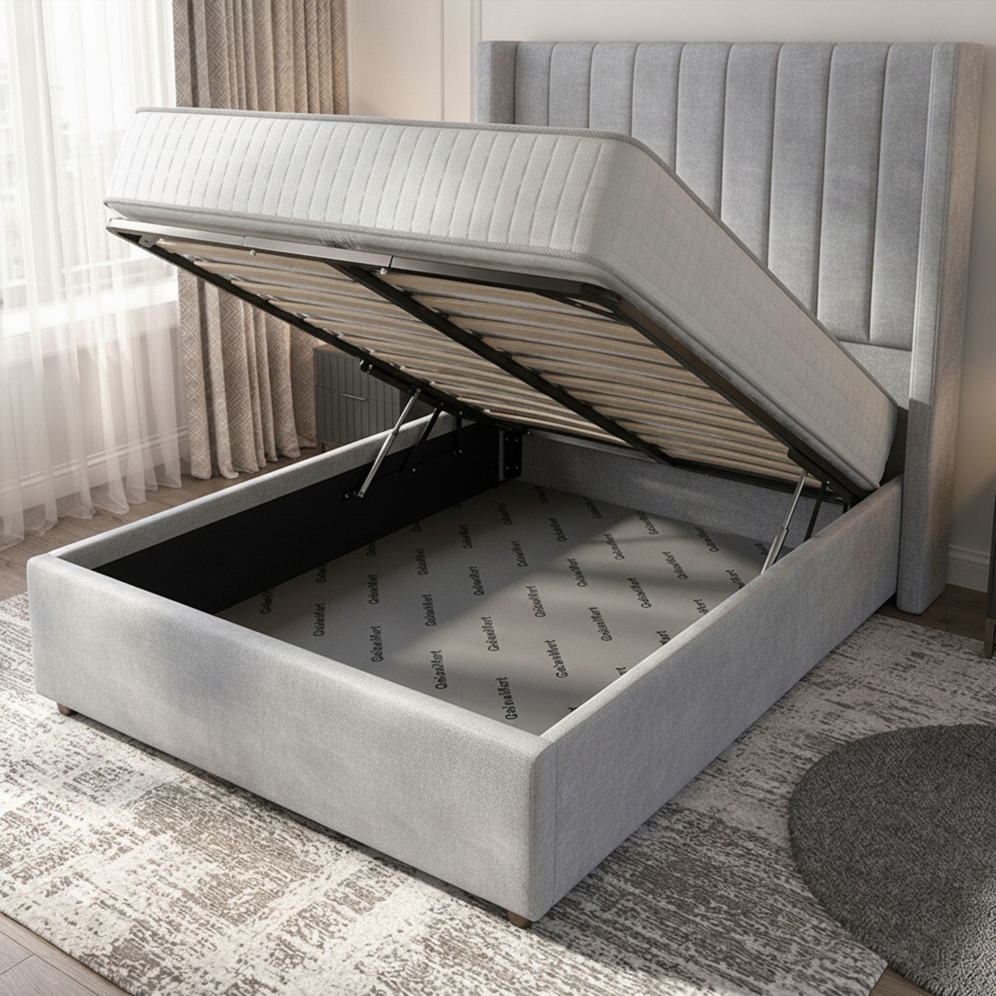 Carlton Silver Ottoman Bed with Gas-Lift Storage